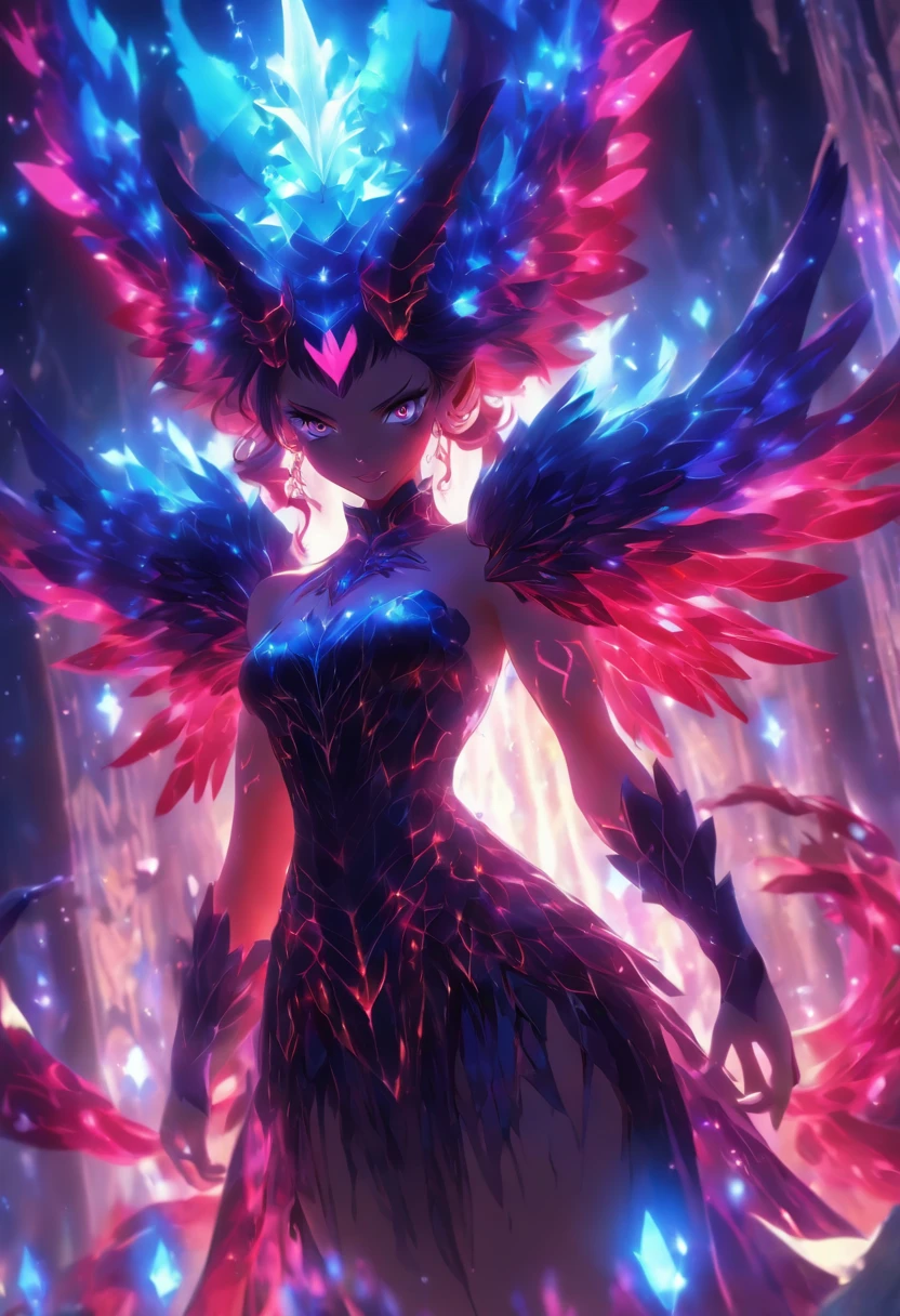 Demon Princess, full body, female character demon, fairy dress, intricate, elegant, highly detailed, blue eyes, dark red hair, digital painting, artstation, perfect body, holographic glow, light particles, raytraced, alchemist room with colorful potions, concept art, magic energy wings, smooth, sharp focus, illustration, 8k, floating colorful crystals,