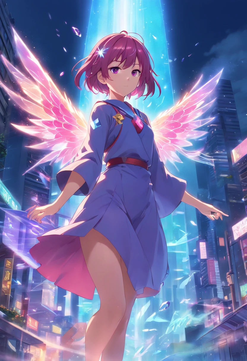 fullbody character reference, character, fairy armor, intricate, elegant, highly detailed, purple eyes, dark pink hair, digital painting, artstation, holographic glow, light particles, raytraced, alchemist room with colorful potions, concept art, magic energy wings, smooth, sharp focus, illustration, 8k, floating colorful crystals,