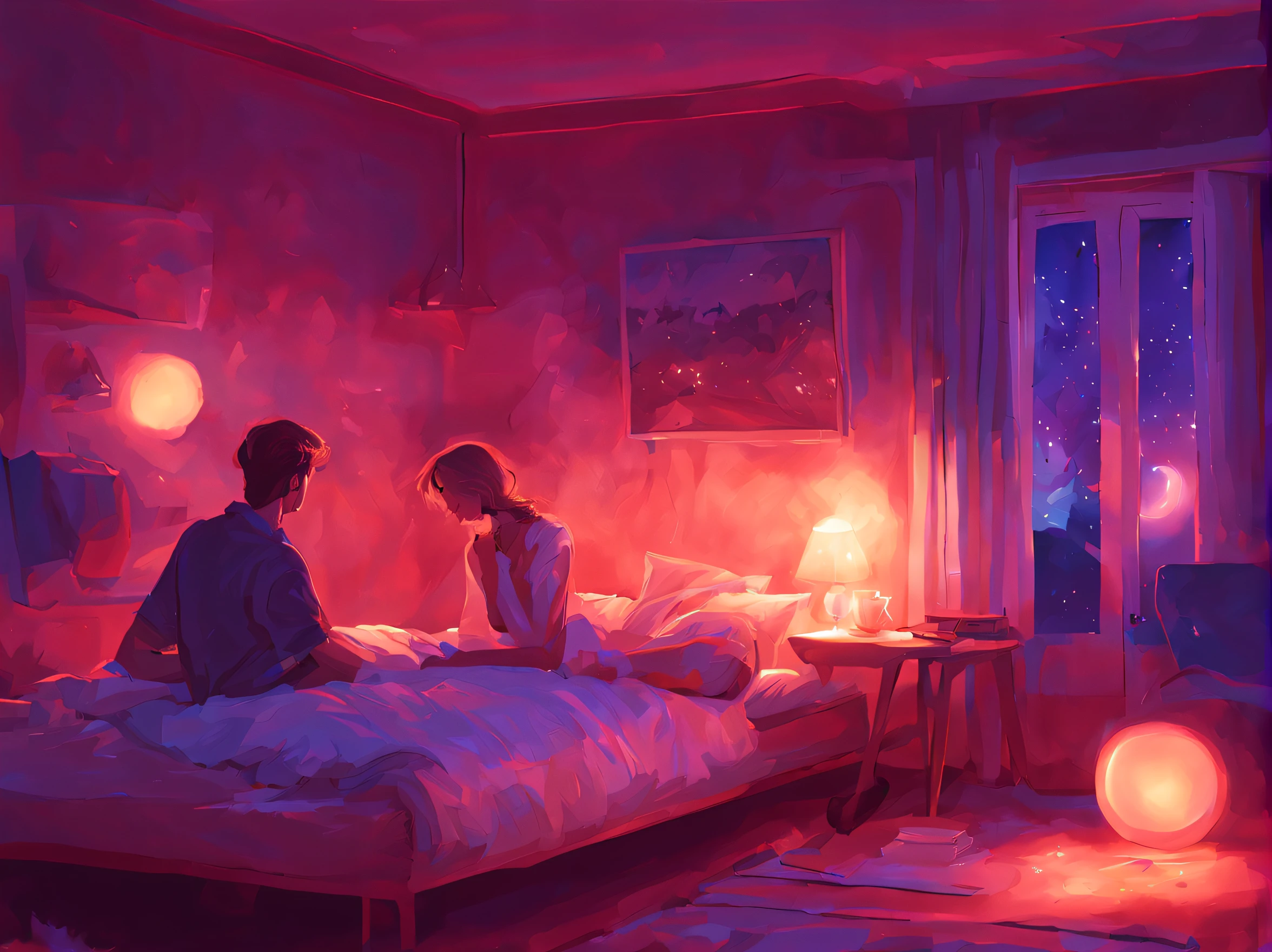 A room with lights on,there is a bed inside,There was a couple chatting on the bed