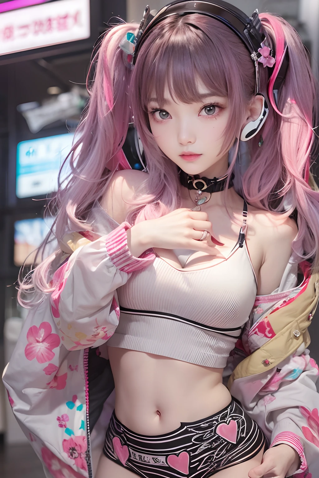 realistic photography, 8k, hd, 20 years old, beautiful and sexy girl, cute face, adorable, sweet, friendly, playful, source_photo, (solo), (((huge breasts))), large breasts, looking at viewer, muscular arms, athletic body, slender build, petite body, (((slim waist))), (6-pack abs, toned belly), ambient lighting, volumetric lighting, sexually suggestive expression, alicedef, pink eyes, white hair, twintails, very long hair, bangs, headset, fake animal ears, animal ear headphones, shrug \(clothing\), long sleeves, (pink bodysuit, glossy and shiny latex bodysuit), multicolored gloves, pink gloves, white gloves, light reflections, breasts spread apart, tall, playful, cheerful, gamer girl, covered breasts