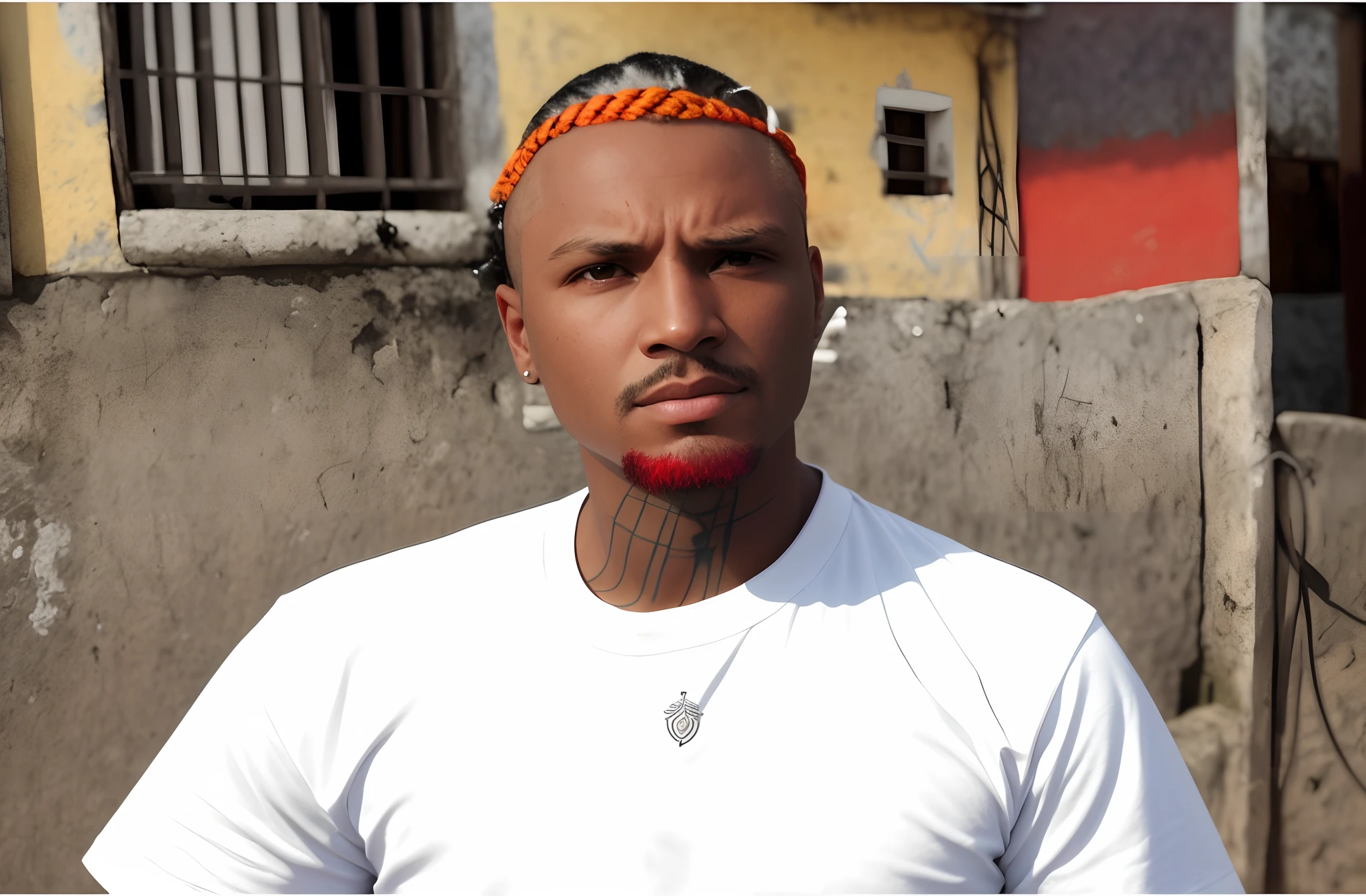 retrato com rosto arredondado,with a pistol in hand,em uma favela cheia de casas,favela no Brasil,com foco maior em seu rosto, o cabelo deve ser curto e vermelho, com olhos negros, with two-tone lighting, foco nítido, matriz preto-fosco, octanagem, irreal, chave baixa, imagem 720 px por 1080 px, foco maior em seu rosto, o cabelo deve ser curto e vermelho