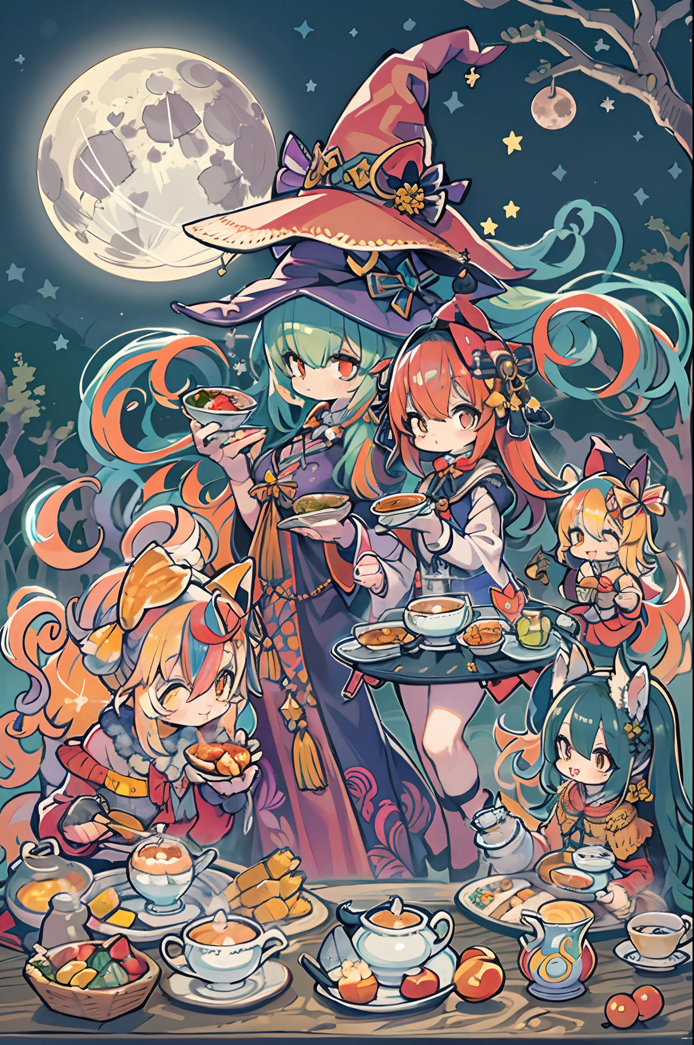 masutepiece, Best Quality, Chibi, Wizard Tea Party, the witch, beautiful witch, Happy, Vibrant, Colorful,(((Big Full Moon)))、Under the full moon