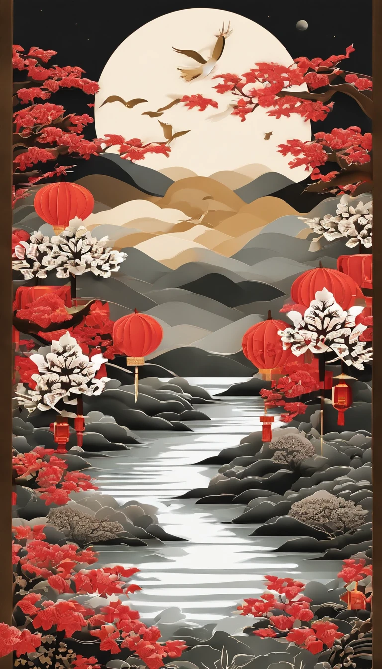 Three-dimensional paper cutting，3D，Festive lanterns, Family reunion, themoon, Moon viewing, Impressionism, Warm light, Festive lights, Colorful light，Poster art，mid-autumn festival，Chinese landscape painting
