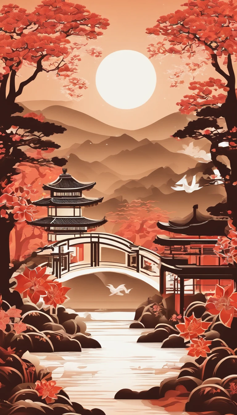 Three-dimensional paper cutting，3D，Festive lanterns, Family reunion, themoon, Moon viewing, Impressionism, Warm light, Festive lights, Colorful light，Poster art，mid-autumn festival，Chinese landscape painting