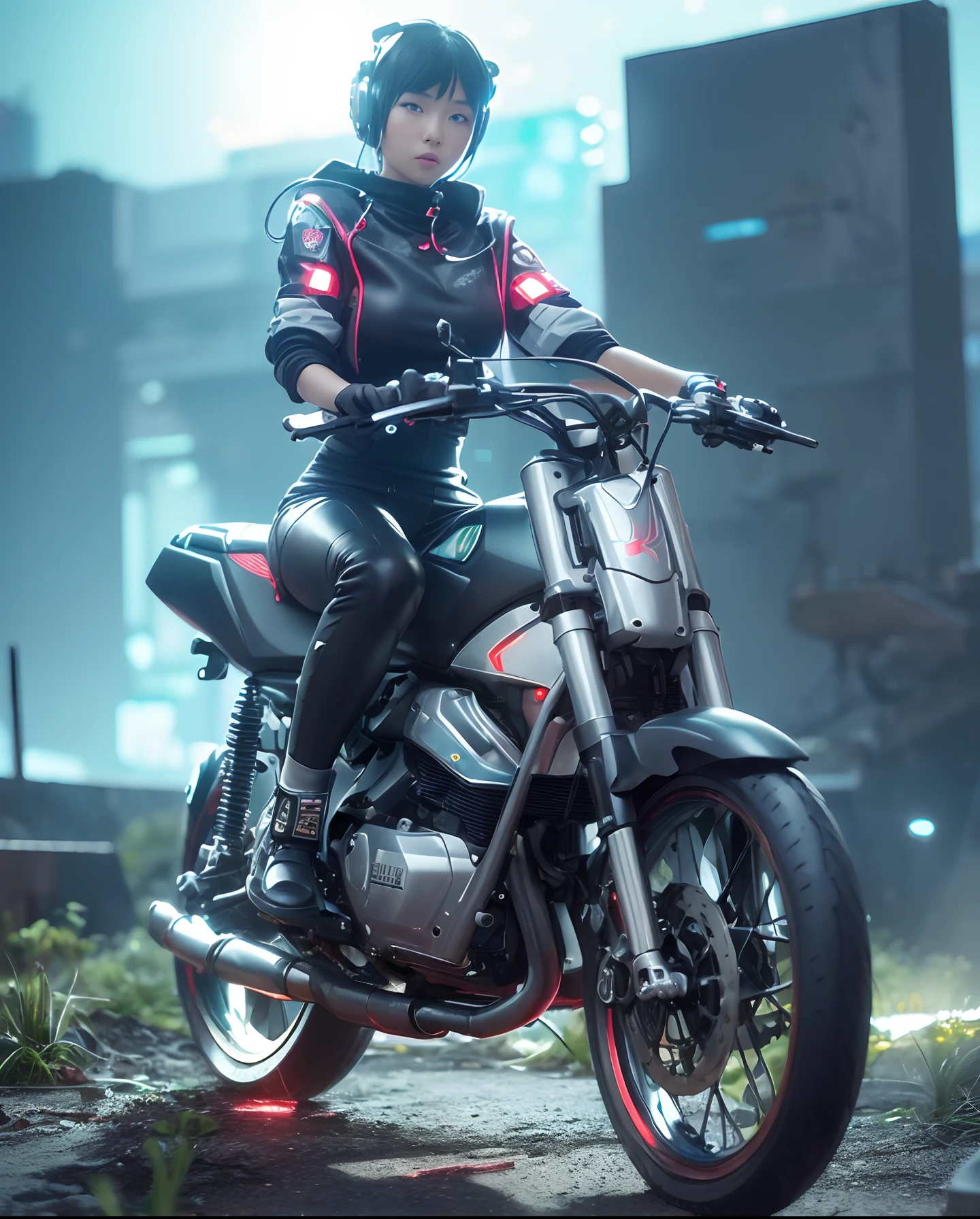 (highly detailed:1.5), (8k), futuristic mecha girl on the cover of a neon-lit science fiction magazine, style (cyberpunk:1.3), wearing an elegant battle suit with bright details, posing sensually, (bold typography:1.2), dynamic composition, vibrant colors, (Akira style:1.1), (inspired by Hajime Sorayama:1.2), full body, details in red, yellow, blue, white, combat position, detailed bikini, futuristic detailed kaneda bike,