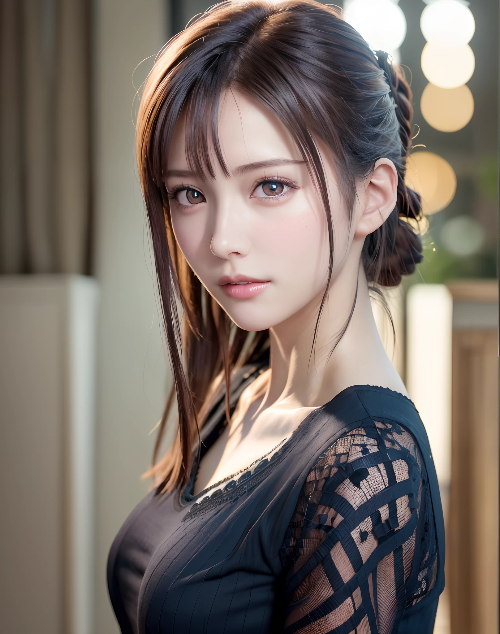 (Ultra Realistic), (Illustration), (Increased Resolution), (8K), (Extremely Detailed), (Best Illustration), (Beautiful and Detailed Eyeest Quality), (Ultra Detailed), (Masterpiece ), ( wallpaper), (detailed face), solo, 1 girl, looking at viewer, fine details, detailed face, in the dark, deep shadows, low key, pureerosfaceace_v1, smiling, long hair, black shawl straight hair , 46 points oblique bangs