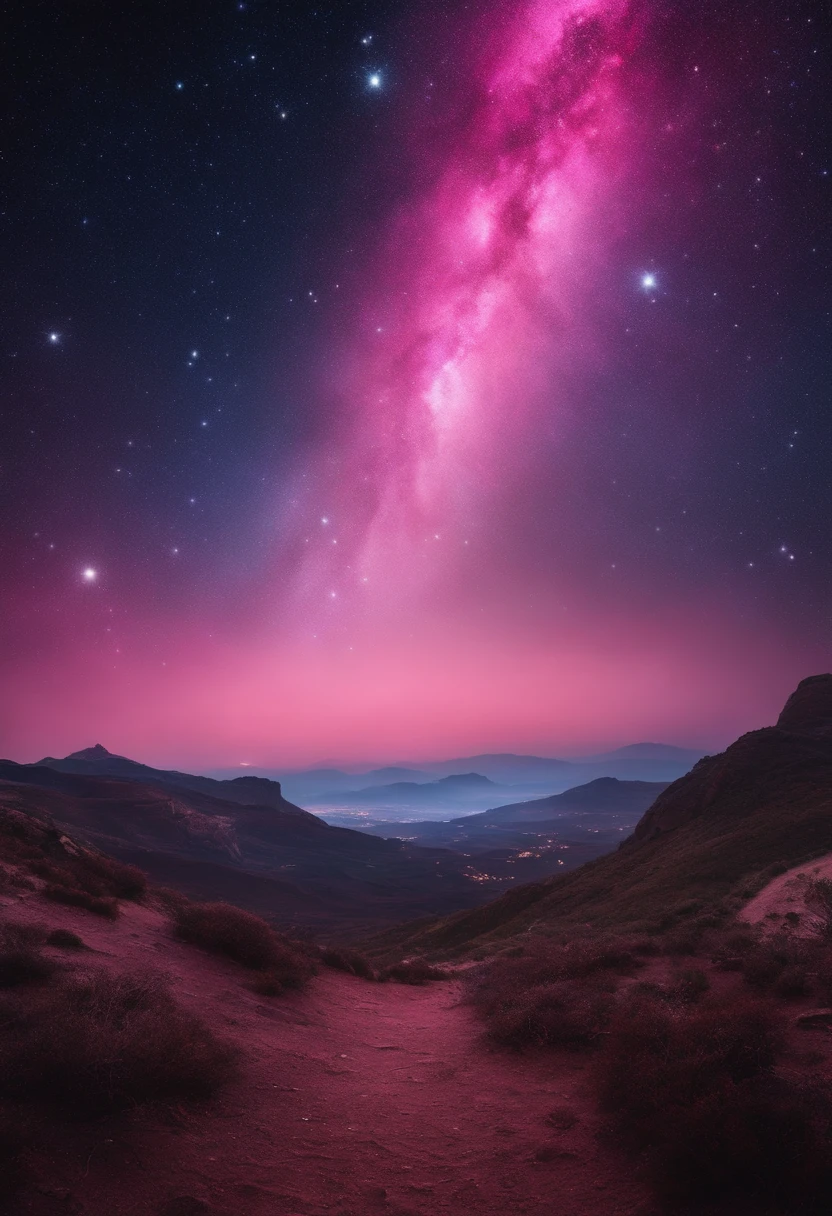 SPACE WITH STARRY SKY WITH NUANCES OF PINK LIGHTS AND EARTH IN THE BACKGROUND