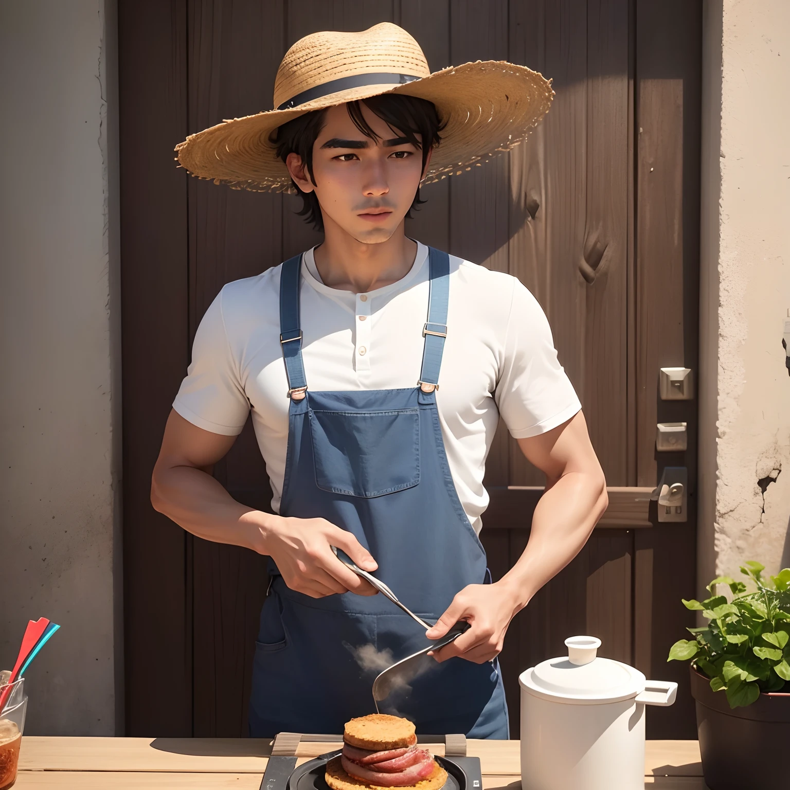 Man in straw hat speaking into microphones in fzrente to a wall, tiktok video, soy fan de quino, capturar, Xsullo, TikTok, trending on tiktok, filtro do instagram, instagram story, Rua Juliana, Alarcon Cartunista, Telegrama Sticker, low quality video, Com filtros do Instagram, auril, youtuber, cooking show