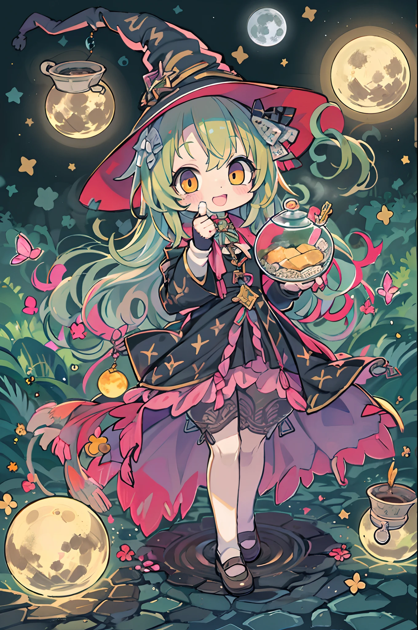 masutepiece, Best Quality, Chibi, Wizard Tea Party, the witch, beautiful witch, Happy, Vibrant, Colorful,(((Big Full Moon)))、Under the full moon