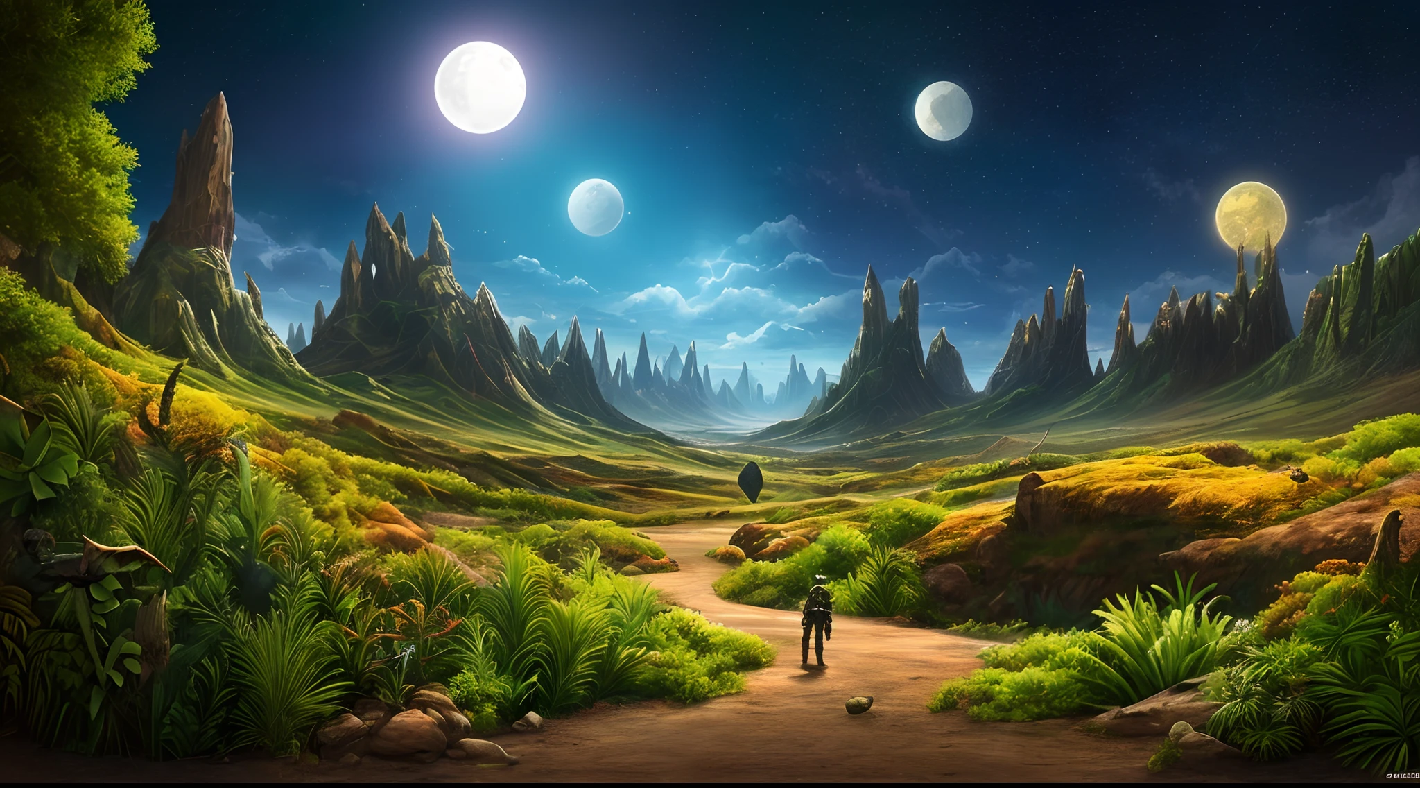 Sci-fi digital painting of an alien landscape with (otherworldly plants), ((strange creatures)), and distant moons in sky, ((cinematic lighting))