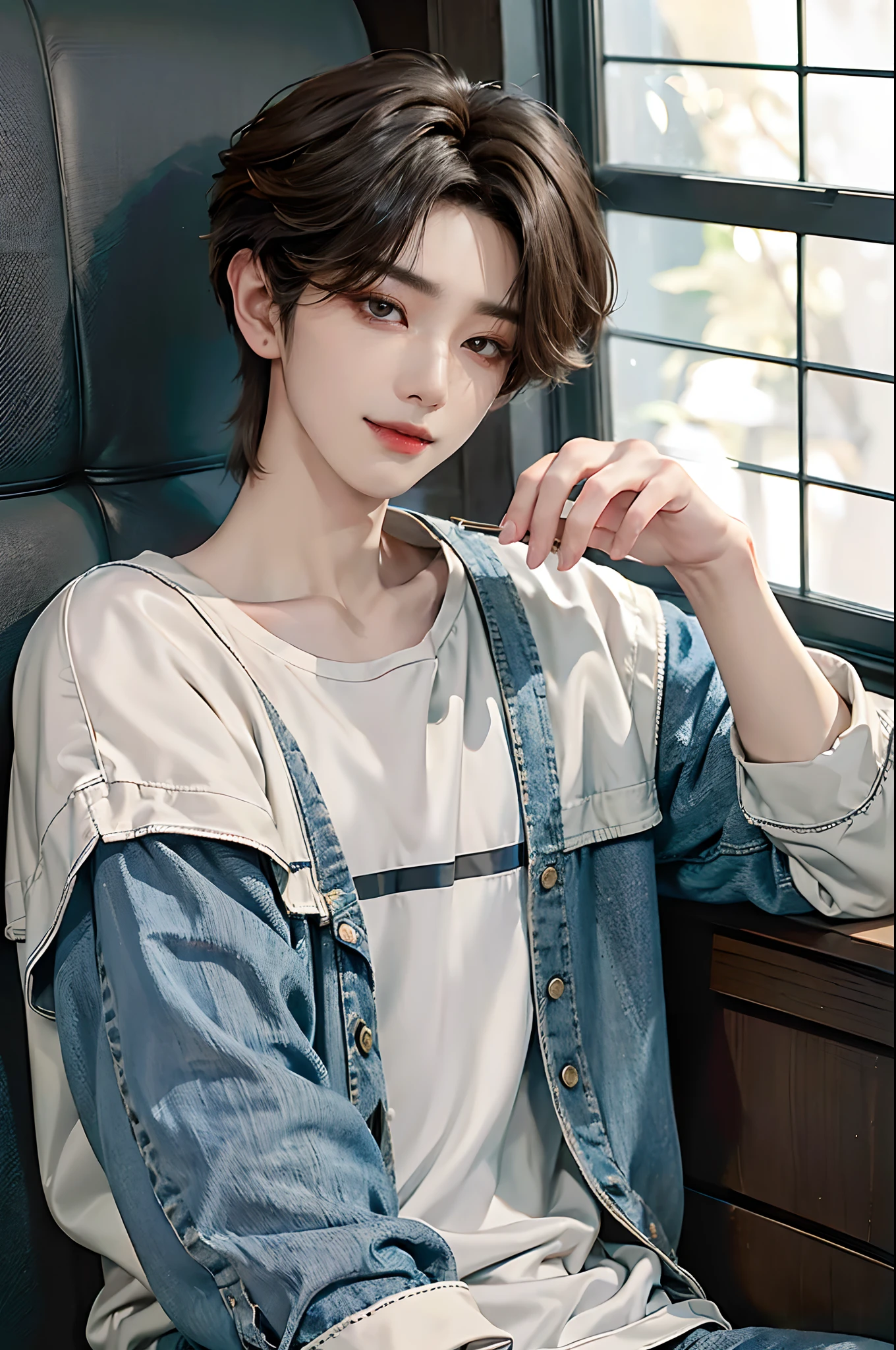 ((4K works))、masterpiece、(top-quality)、((high-level image quality))、((One Manly Boy))、Slim body、((Jeans Fashion))、(Detailed beautiful eyes)、window、Face similar to Chaewon in Ruseraphim、((short hair above the ears))、((Smaller face))、((Neutral face))、((Light brown eyes))、((Korean boy))、((18year old))、((Handsome man))、((Smiling expression))、((Korean Makeup))、((elongated and sharp eyes))、((photo of a model))、Professional Photos、((Shot alone))、((Upper body photography))、((model poses))