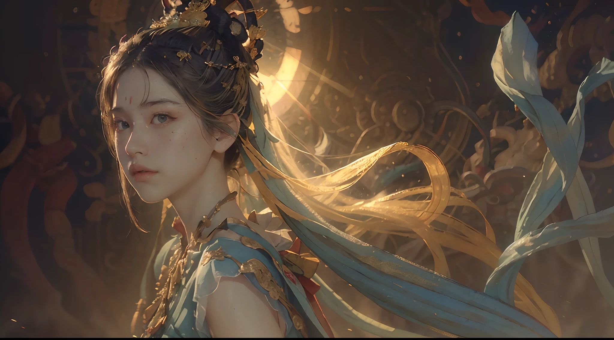 (RAW photo, best quality), (realistic, photo-realistic:1.3),best quality,highly detailed,masterpiece,ultra-detailed,illustration,1girl,upper_body,dynamic angle,world masterpiece theater,messy_long_hair,best quality,extremely detailed CG unity 8k wallpaper,ink,Amazing,cinematic lighting,lens_flare,,dunhuang_style