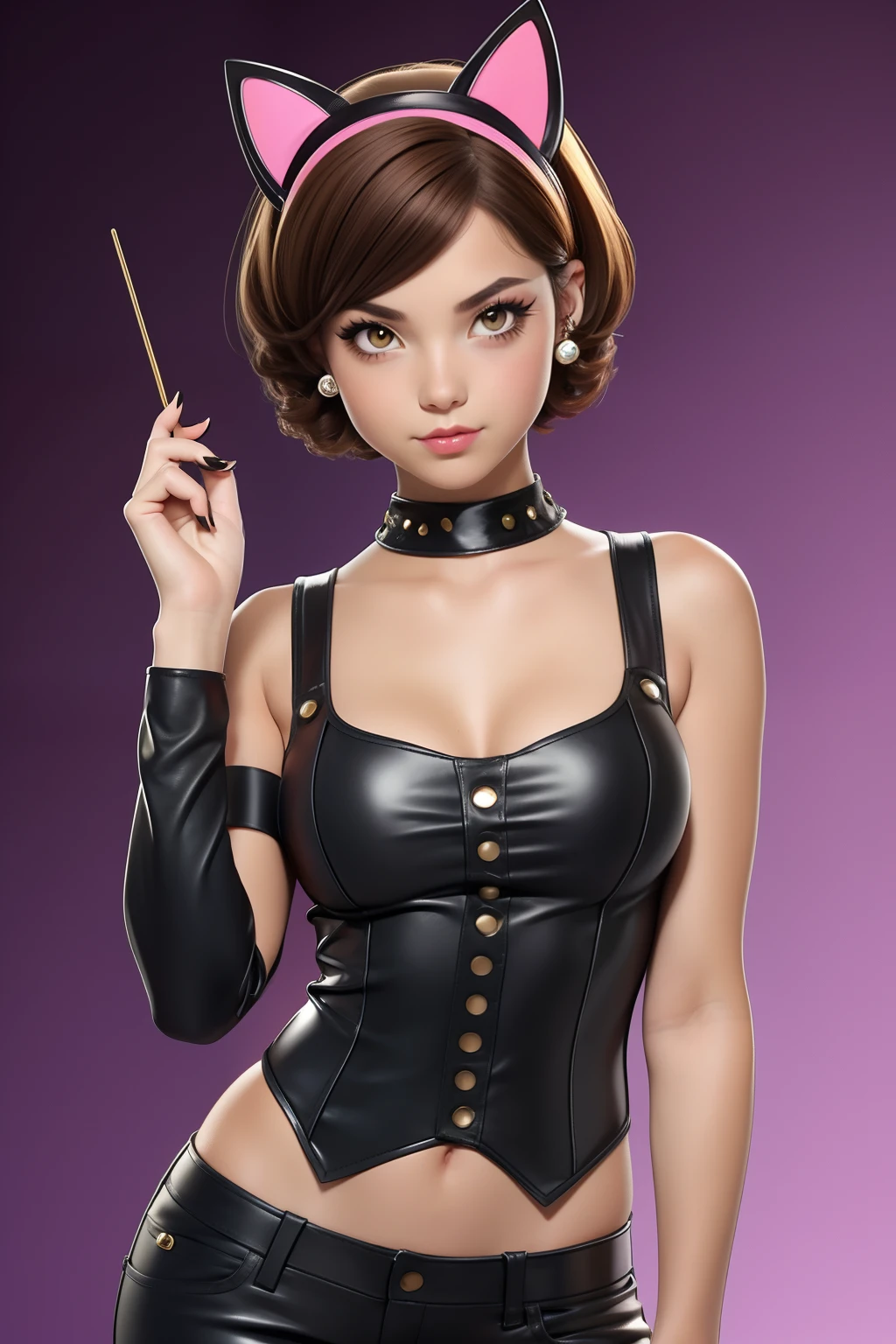 Girl in y2k Halloween costume, gradient caramel short hair Emo Pin up Girl, cat headband, Striking a pose, natural make up, skinny girl, innocent,