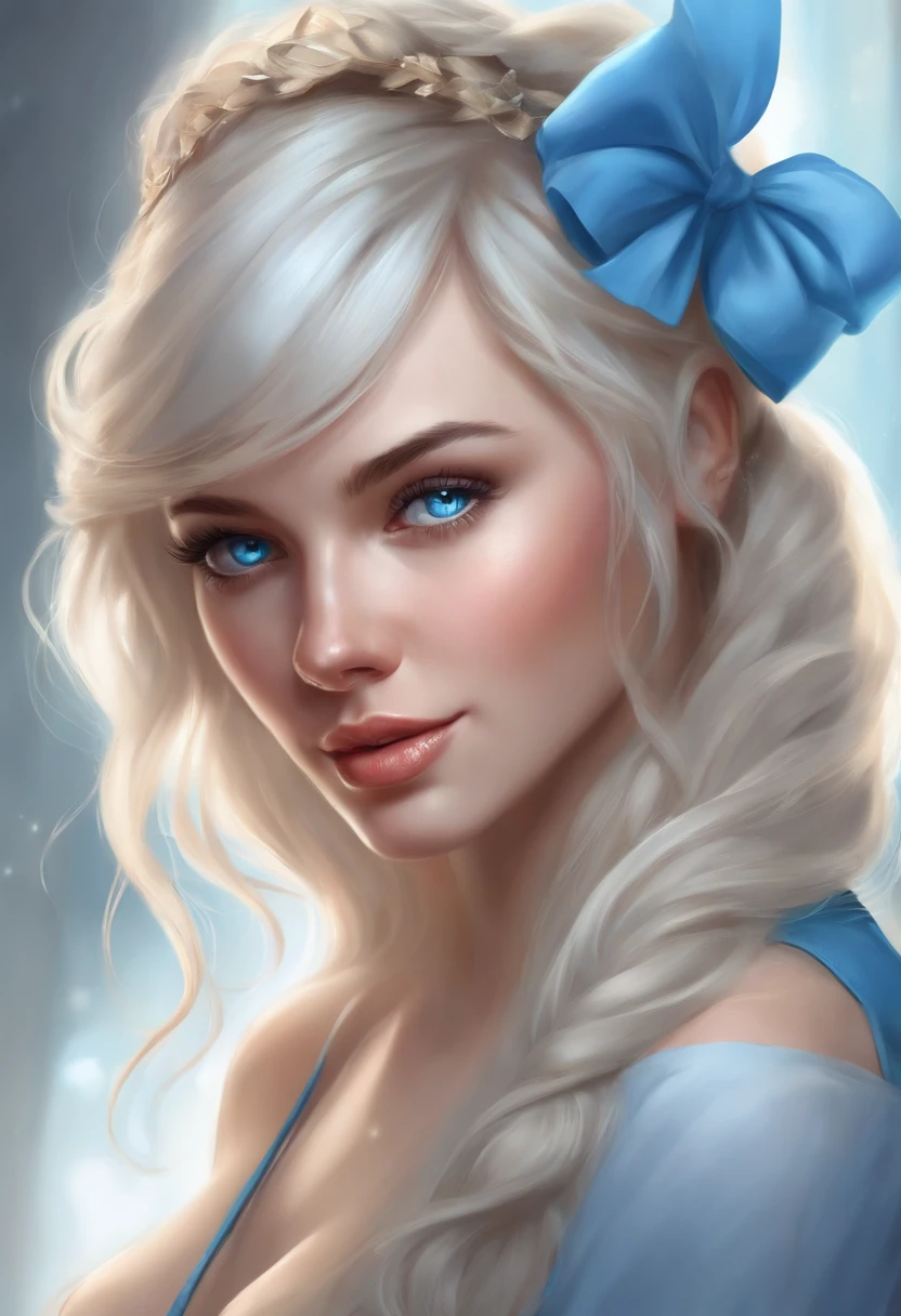 blond woman with blue eyes and blue hair with a bow on her head, beautiful digital illustration, stunning digital illustration, kawaii realistic portrait, adorable digital painting, webcam photography gorgeous digital painting, cgsociety portrait, realistic digital art 4 k, realistic digital art 4k, low detailed. digital painting, deviantart artstation cgscosiety, rossdraws portrait, detailed digital painting