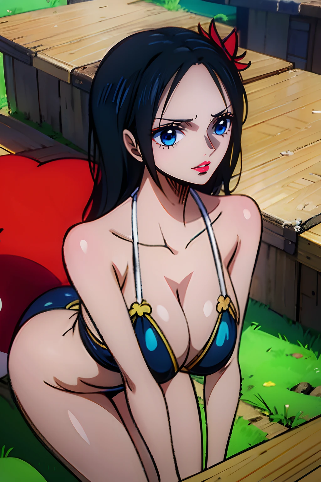 Nico Robin from One Piece wearing a tight black bikini and she’s look happy, high quality eyes, blue eyes, Shiny eyes, Shiny white skin, puffy red lips, high quality lips, showing the ass, big ass, big boobs, best quality.
