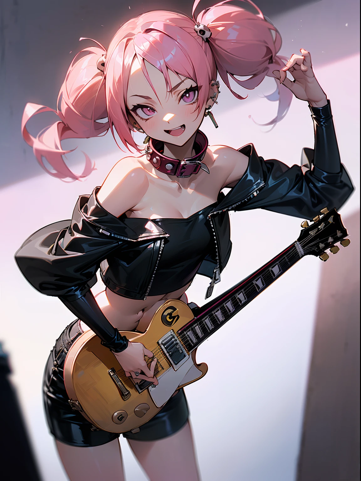 ((masutepiece:1.5)), ((hyper quality)), ((Hyper Detailed)), ((Perfect drawing)),((Hi-Res)),1girl in,Smile,(Loose and fluffy hair),(((drills twintails1.2))),(((A pink-haired))),((Big eyes with double eyelids)),(lofty nose),(blusher:0.2),((small mouth)),(((ear piercings))),perspiring、((shout out))、Singing、exclamation、(rock style), (Wear a black leather-jacket over a black crop-top:1.4), (black latex shorts:1.4), ((jacket pull, bare shoulders):1.3), (zipper on black crop-top:1.3), (crazy amount of buttons:1.2), ((skull print, navel):1.2), (latex belt. black dog-collar:1.3), (studded accessories,earrings:1.1), combat boots,(((ROCK CONCERT)))、((stage))、spot light、((Downlight))、(microphone stand)、((electric guitars))、(((Gibson Les Paul))),(((beatiful backgrounds))), ((meticulous drawing)),((Accurate drawing))、Perfect Photo、