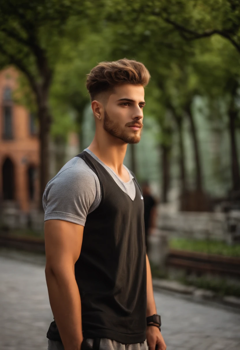 balkan young man, light beard, 20 y.o., short height, stocky build, with gym clothes, 165 cm high