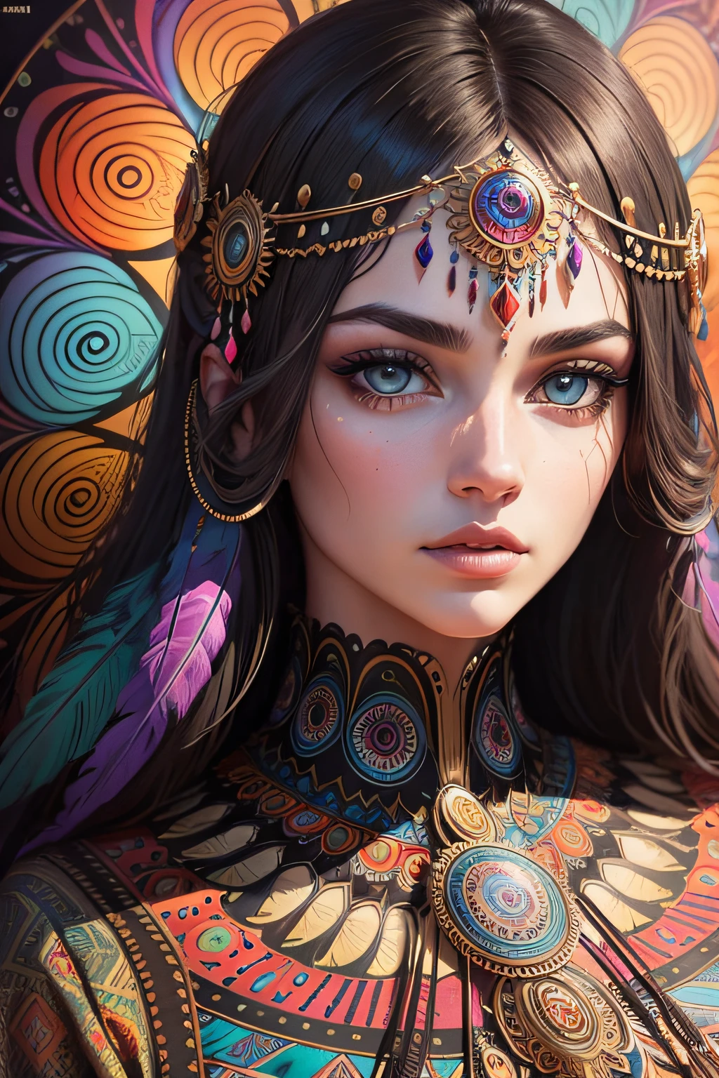 lot of detailed and textured face women psychedelic mandala with eyes and feathers in comics art style, magnificent vibrant colors and very structured details