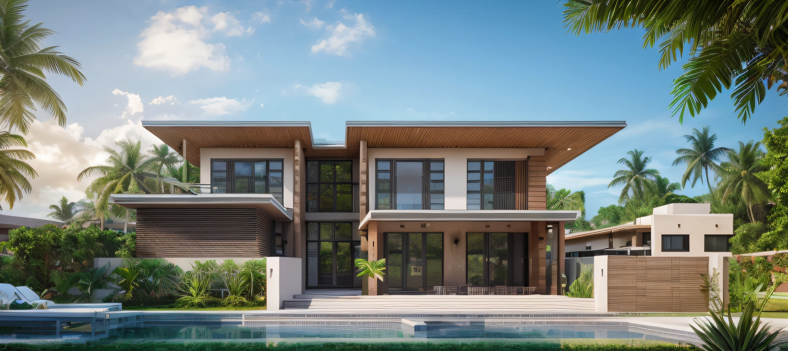 A rendering of a modern house with a pool and palm trees - SeaArt AI