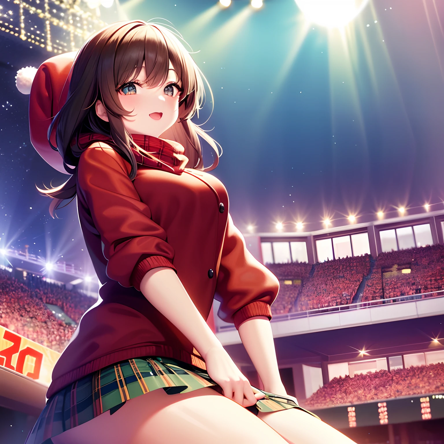 Anime girl in Santa Claus hat and red sweater and red scarf and green checked skirt sitting on stage, Anime Style 4k, Cute anime girl, hd anime wallaper, Anime! 4 k, Anime! 4K, anime hd wallpaper, 4k Race Manga wallpaper, Beautiful anime girl, anime girl desktop background, Smooth Anime CG Art, (Anime Girl), anime wallaper, Anime Best Girl