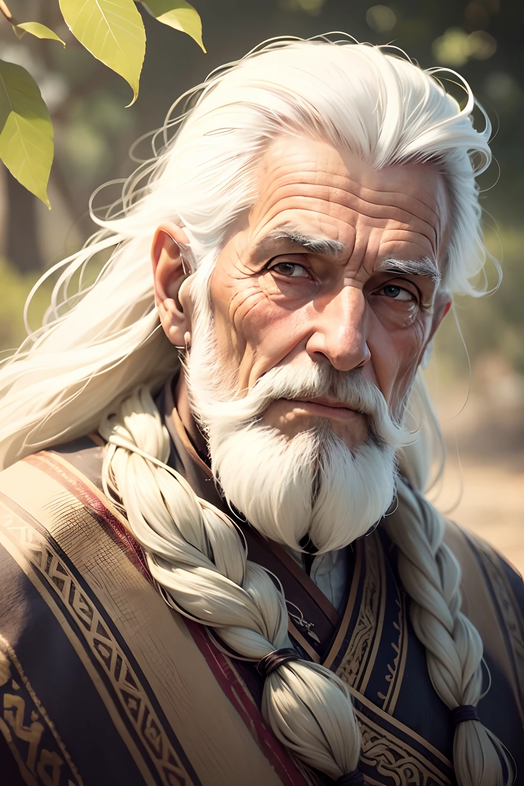 Elderly sage with serene expression, retrato frontal, longa barba prateada, flowing hair, inspirado na Disney,