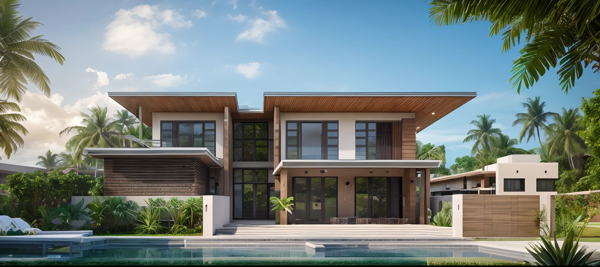 A close up of a house with a pool and palm trees - SeaArt AI