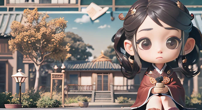 Burgundy comic storyboard style，Taoist fairy，Huangshan people，Delicate burgundy hair，Arm carving，Burgundy hair is everywhere，Delicate gradient shoes，Eye portrayal，Delicate burgundy hair，Popmart blind box，Clay texture，Treading on the ground，Black and white background，natural  lightting，Best quality at best，Hyper-detailing，arte 3D，C4D, OC renderer, a 3D render, 8K，45 degree viewing angle，Multiple expressions，Contemplative，Pondering，doubt，Confused，Startled，expecting，Score animation
