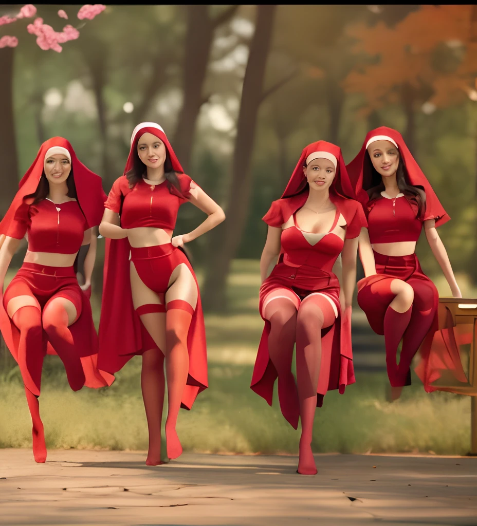 A group of nuns，Thick red pantyhose，Blood red stockings，Red stockings，Red hip socks，without wearing shoes，Super detail，hyper HD,A high resolution,1080p,Anatomically correct，ccurate，huge tit，Cocked buttocks，Physical coordination，Photo portrait，slender thigh，Delicatemakeup，Best quality, Masterpiece, 超A high resolution, RAW photo, Beautiful and aesthetic,deepshadow, (Photorealistic:1.4), full-body composition, Striking perspective
