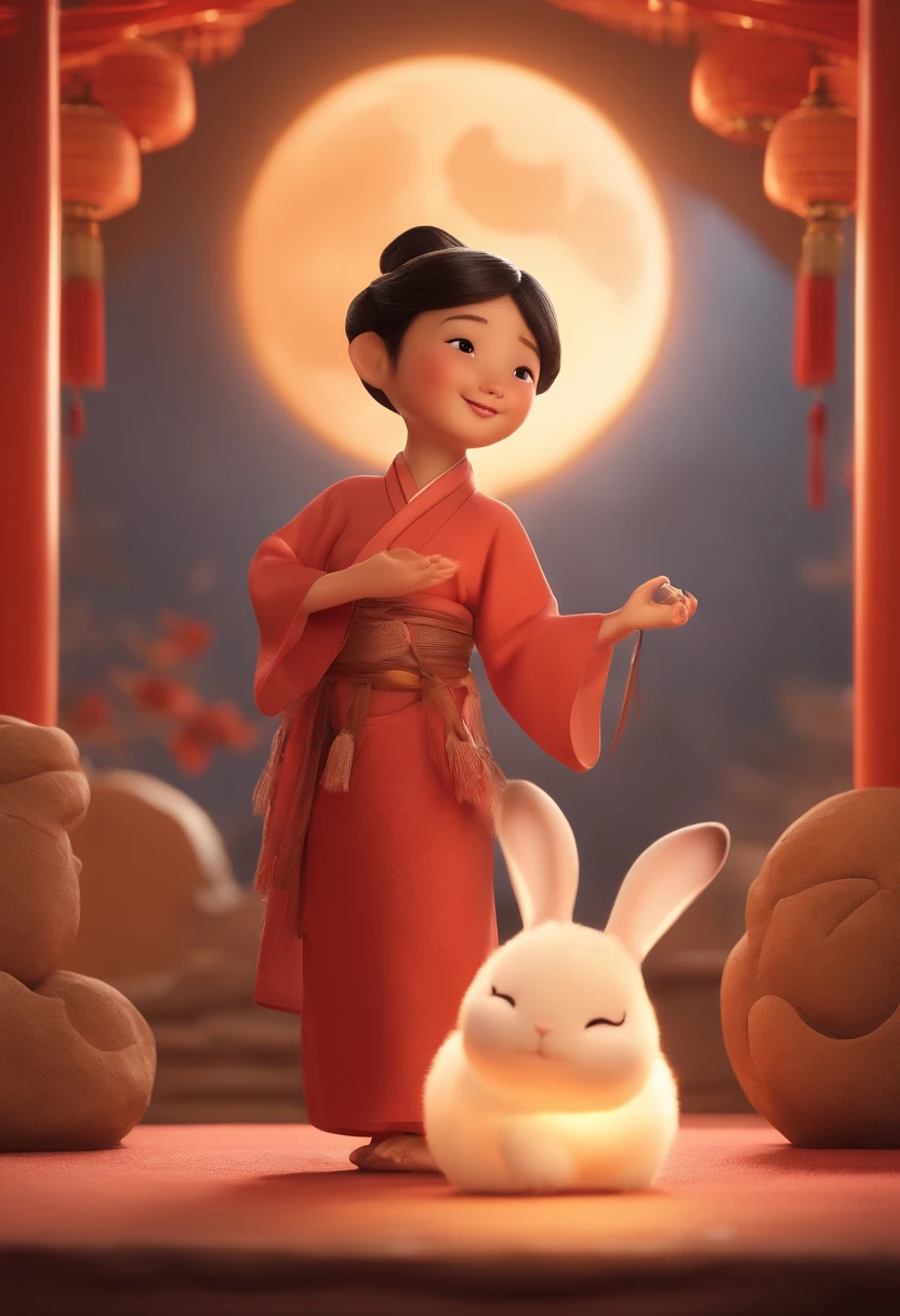 mid-autumn festival,A cute fairy dressed in ancient Chinese clothes,Playing with a rabbit next to a girl,Moon cake,Auspicious clouds,Behind the huge moon,a warm color palette,Abstract screen,ultra-realistic realism,pixar-style,3d effect,Disney style,Clear contour light,rim-light,fanciful,spotlight lights