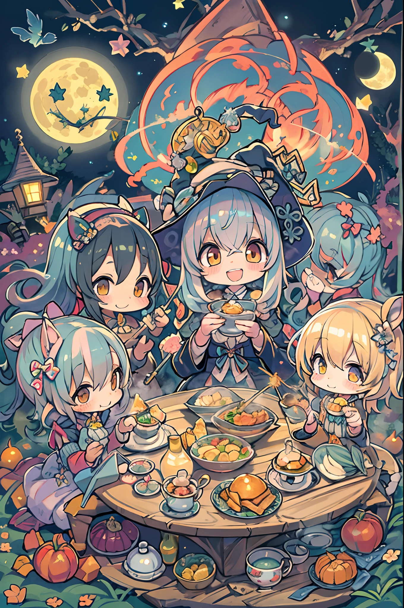 masutepiece, Best Quality, Chibi, Wizard Tea Party, the witch, beautiful witch, Happy, Vibrant, Colorful,(((Big Full Moon)))、Under the full moon