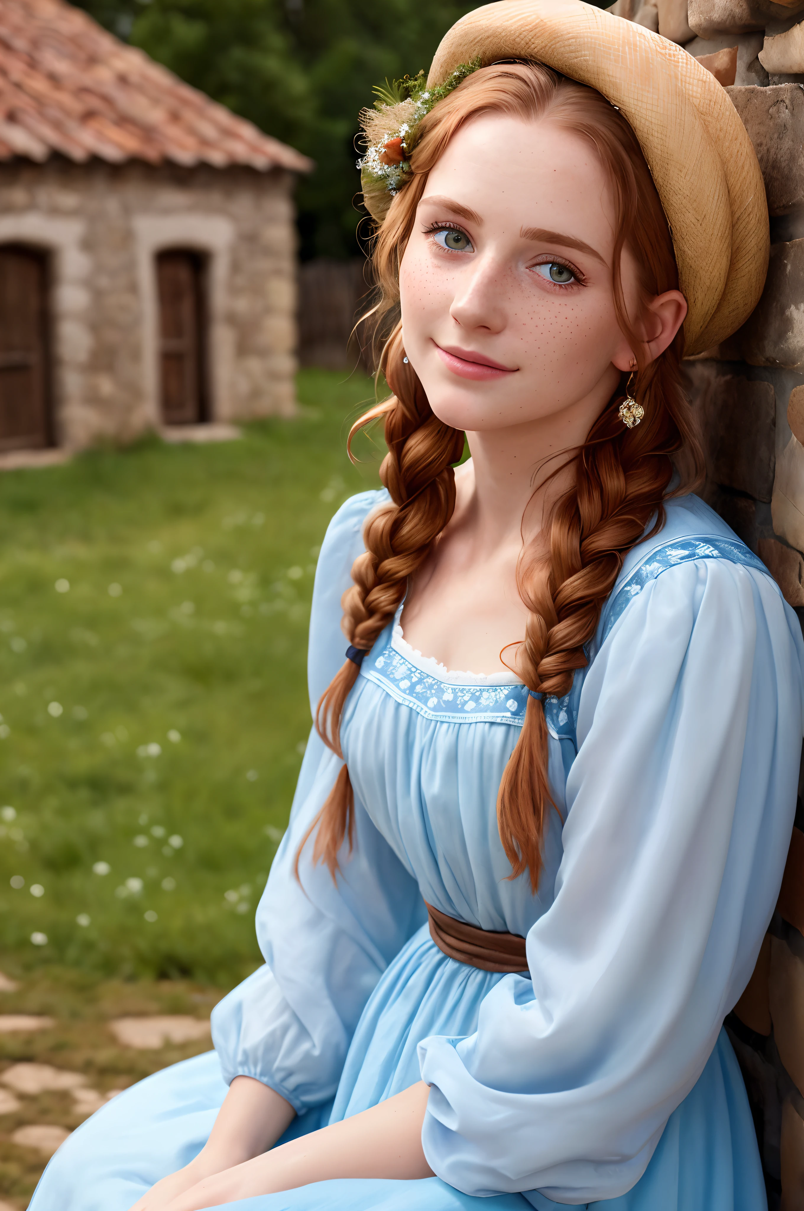 hyper photorealistic, cute peasant woman, in small European village, (18 years), (detailed face and eyes), full body portrait, (extremely sexy), Masterpiece, pleasure, nudist, small breasts, expression enjoyment, idyllic aura, medieval environment, cinematic lighting, ginger detailed hair, little smile, freckles, fine facial traits, Slim physique, (depth of field), cinematic, big weird eyes