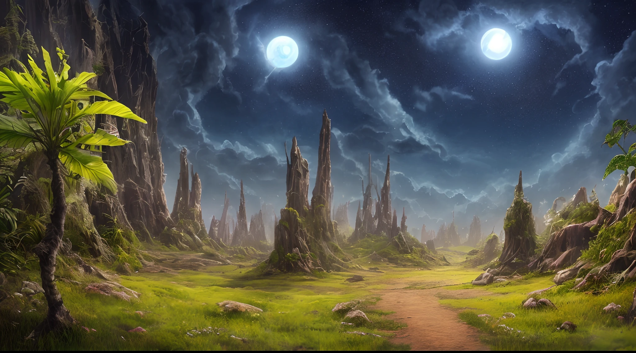 Sci-fi digital painting of an alien landscape with (otherworldly plants), ((strange weird creatures)), and distant moons in sky, ((cinematic lighting))