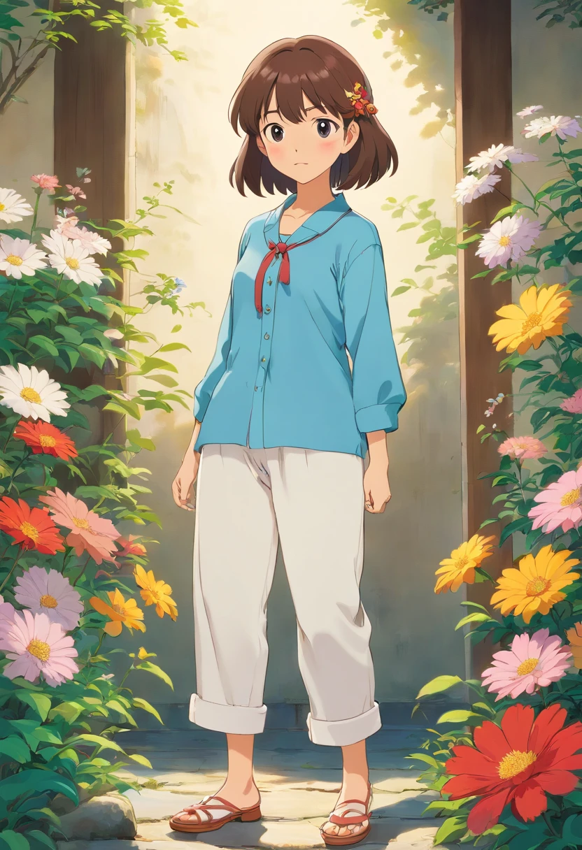 character design,solid color backdrop,chineseidol,Rural people are middle-aged women,Floral white shirt,blue trouser,canvas shoe