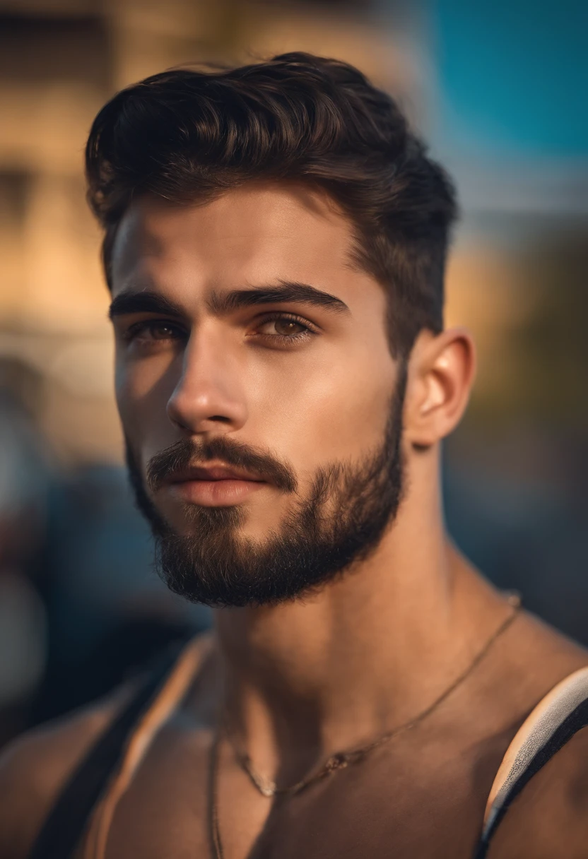 balkan guy, light beard, 20 y.o., short height, stocky build, with gym clothes, broad shoulders, black haired