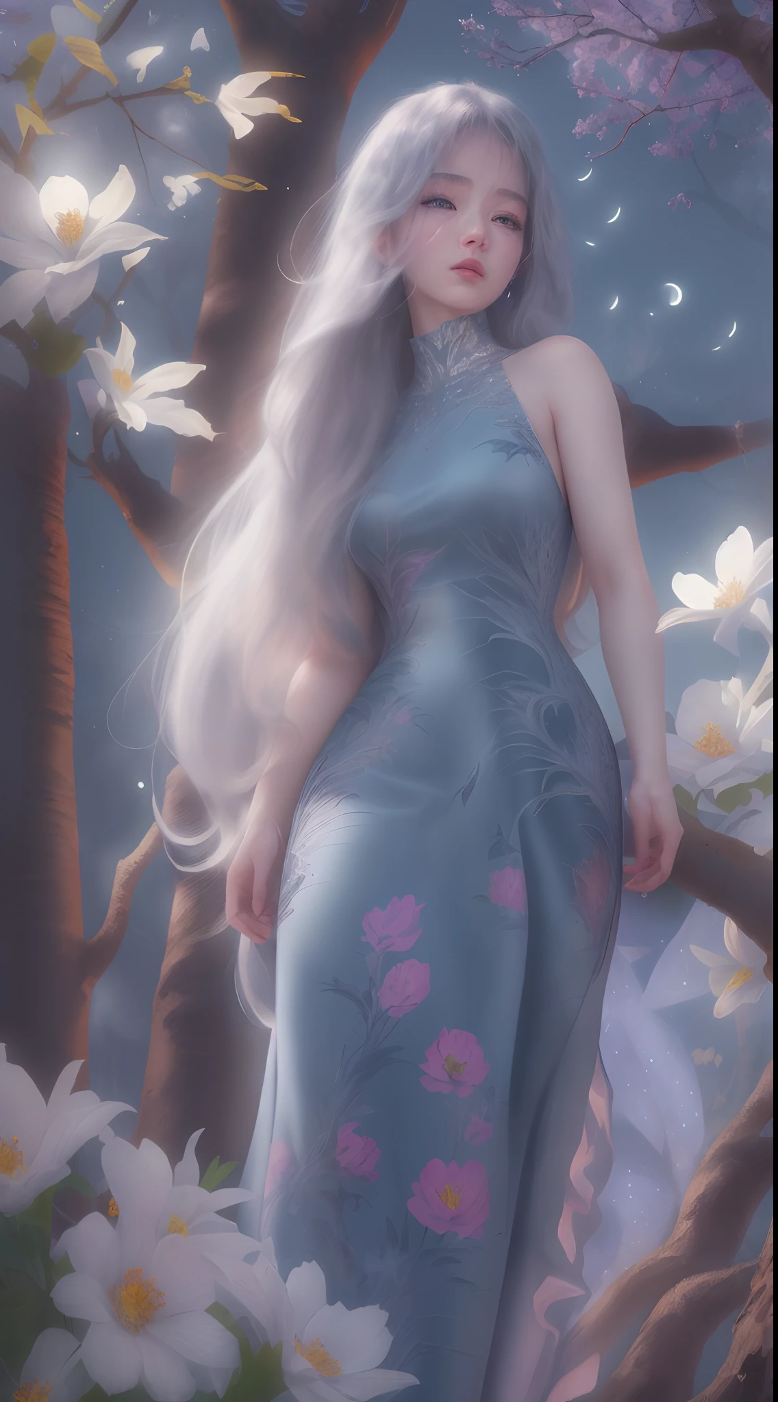 (Best quality,4K,8K,A high resolution,Masterpiece:1.2),Ultra-detailed, natta，themoon， florals，  The tree， 1girll，shift dresses， long whitr hair， a blue dress，独奏，station