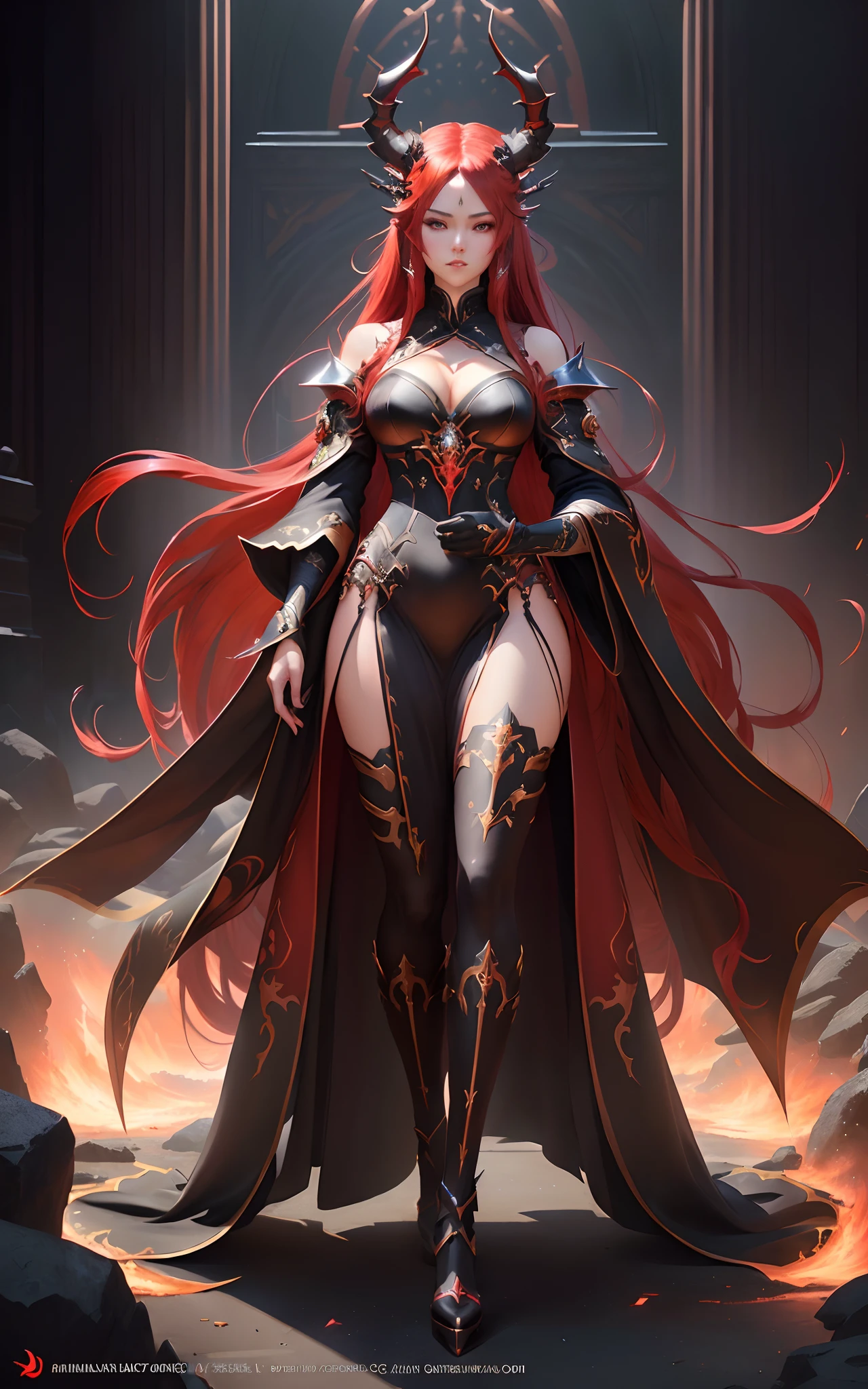 an epic, full-body digital artwork of an imposing woman, looking at the viewer, super detailed glowing red eyes, with long flowing red hair, a menacing gaze, flaming horns, Cushart Krenz key art feminine, by Yang J, epic exquisite character art, krenz cushart and artgerm, stunning character art, chengwei pan on artstation, concept art | artgerm, 2. 5 d cgi anime fantasy artwork, trending on artstation