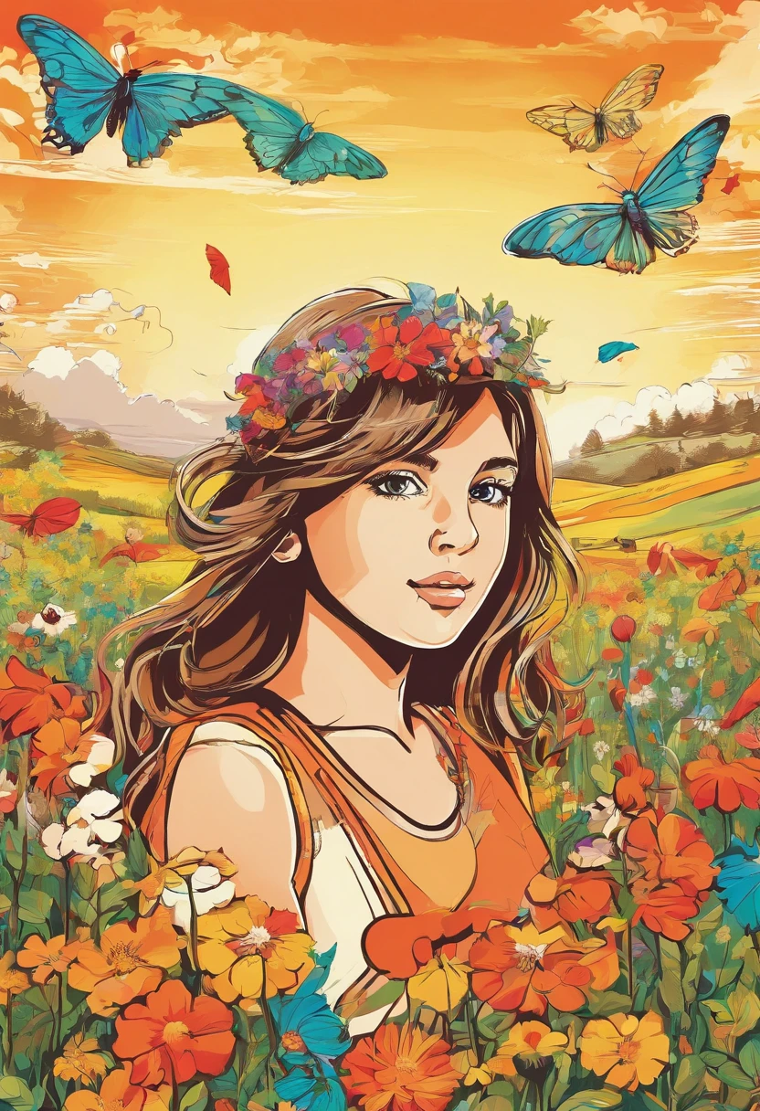 High Detail, Ultra Detail, Ultra High Resolution A cute and innocent girl, toddlering her time in the open field, surrounded by the beauty of nature, warm sun sprinkling on her, wildflowers gently swaying in the breeze. Butterflies and birds flutter around her, adding to the playful atmosphere