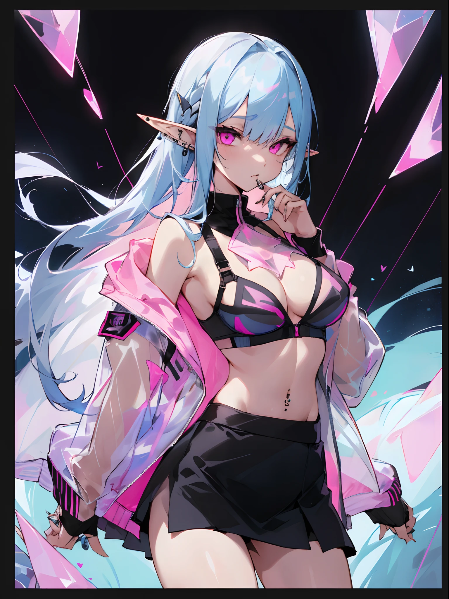 A girl, Blue long hair, body piercings, pink eyes, elf ears, ((Transparent jacket, Under the jacket, the bra is black, tight skirt))