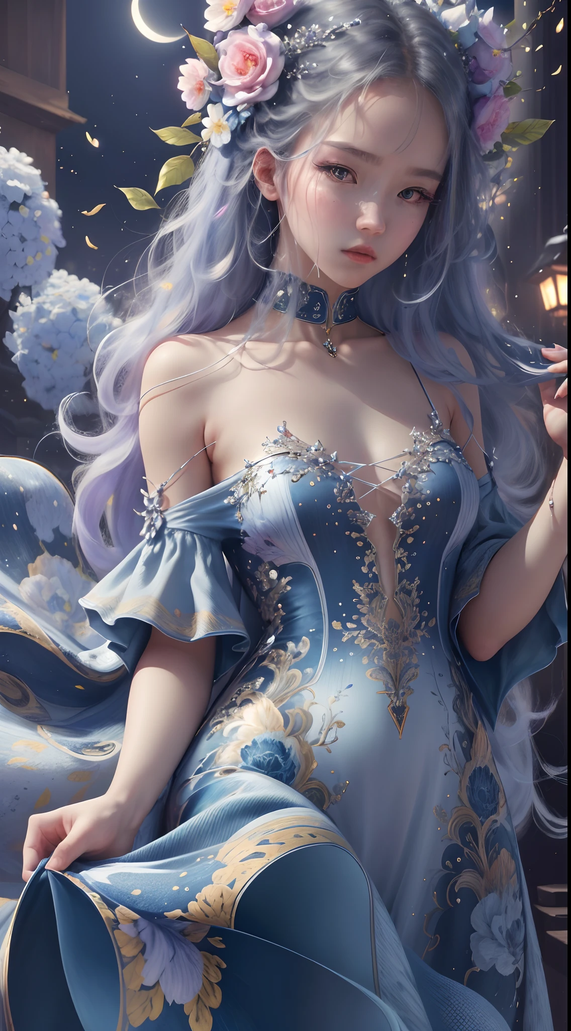 ( High quality , ultra detailed to hand )Zodiac sign-scorpio goddess , similar to latin goodness , cute but sexy and brave face , Emotional, determined, inquisitive, industrious style . deep purple hair , long wavy hair , crystal purple eyes , transparent dress , in the ocean with lavenders , whole body , dark make up look ,