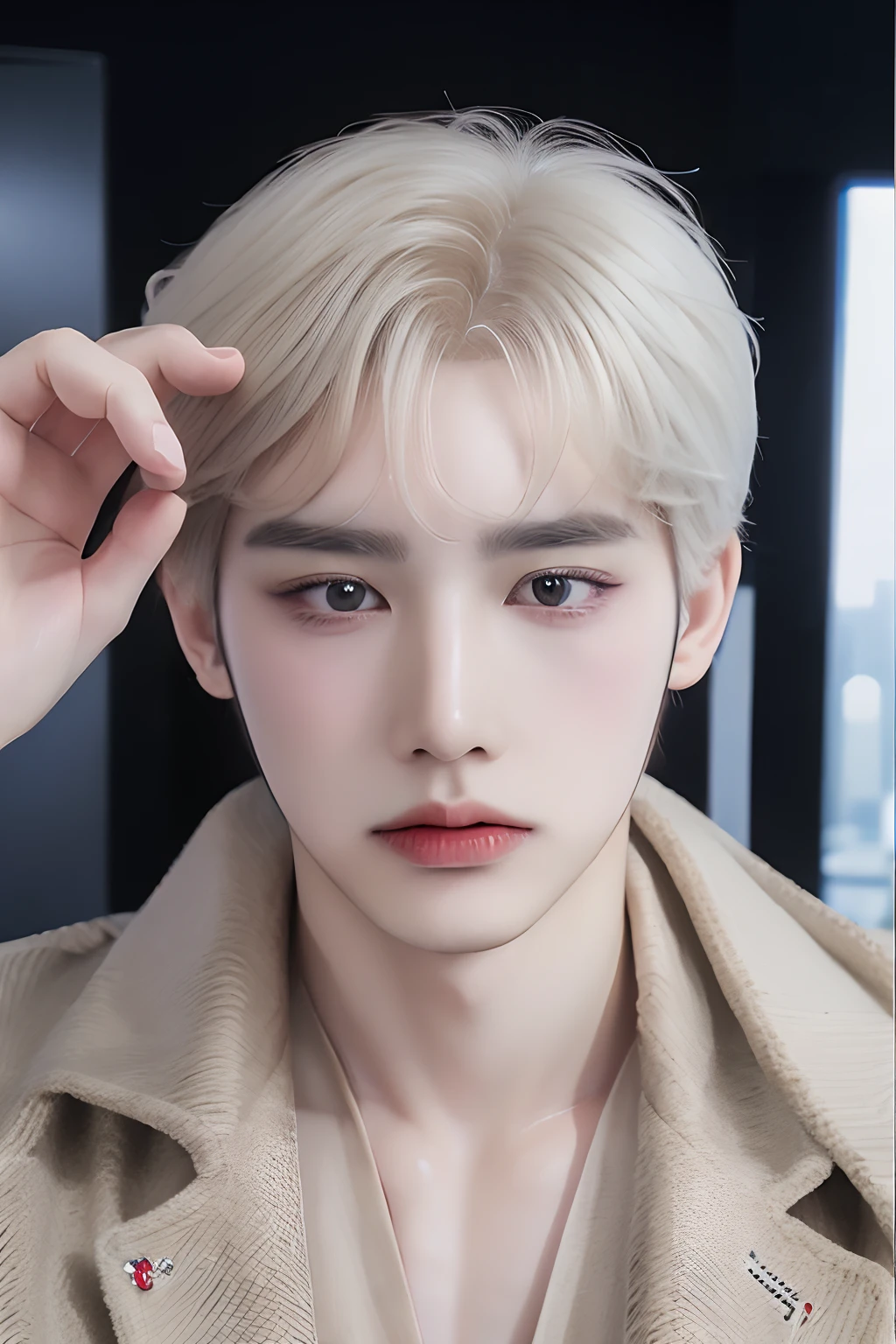 tmasterpiece, topquality, hight resolution, 独奏,open hands,((ulzzang)),((badboy)),sexy expression,the whole body is visible,((the whole body is it in the frame)),((male)),((coat)),(piercing),((sensuality eyes)),((gundam in the background)),((hand poses)),(lens 70mm),((perfect hand)),((white hair))