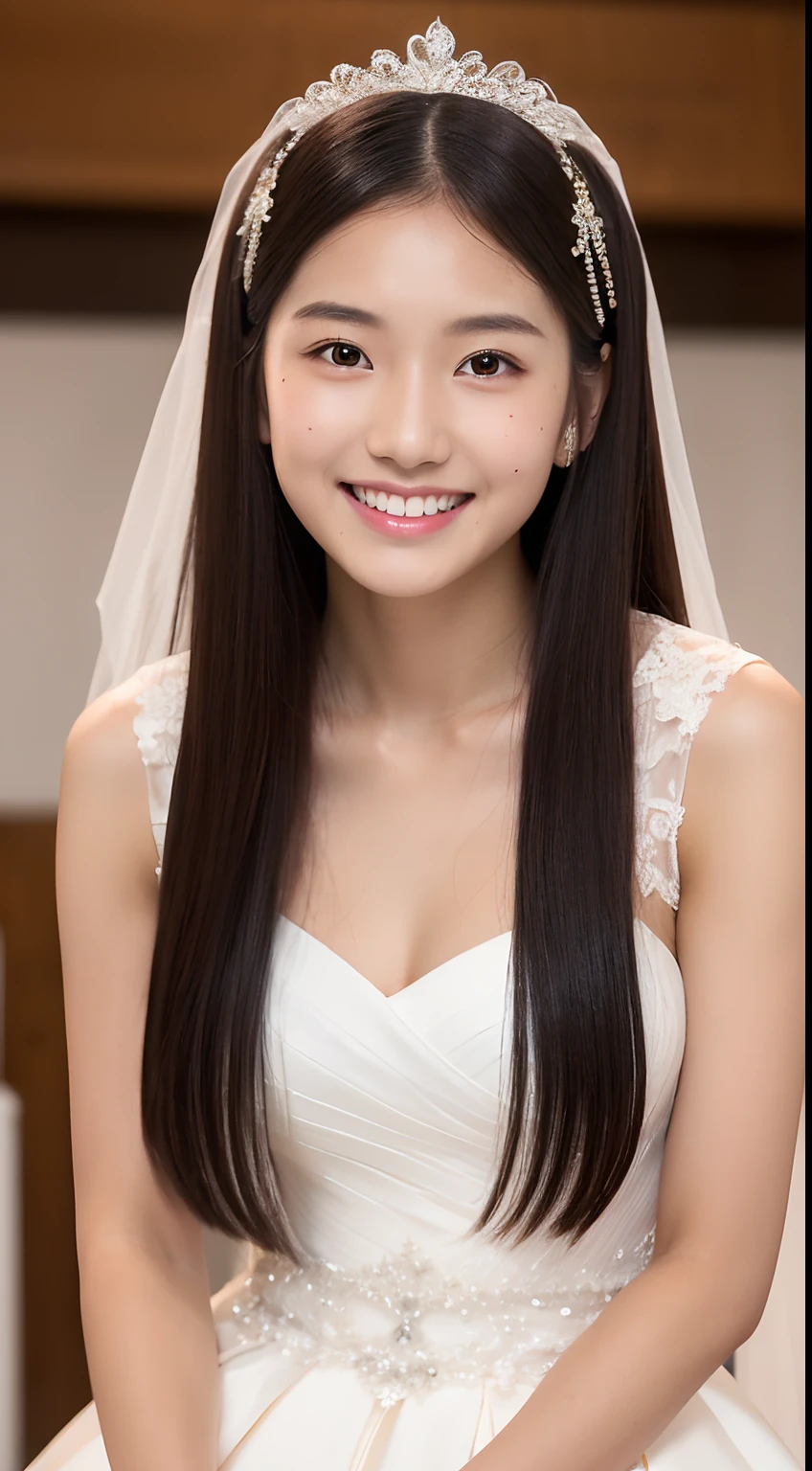 (masterpiece, highest quality:1.4), 8k, High resolution, (Photorealistic:1.2), (Portrait Photography:1.2), Very detailed, Detailed skin, Natural smile, Fine grain, alone, Japanese, (Little Girl:1.3), cute, Black Hair, Thin and long hair, Wavy Hair, (Sunburn), shy, Wedding dress, Veil, Stylish pose, (Waist up shot:1.4), Soft Light, Cinema Lighting, Shadows in the movie, Simple gray background, (View your viewers:1.2), Portrait Photography