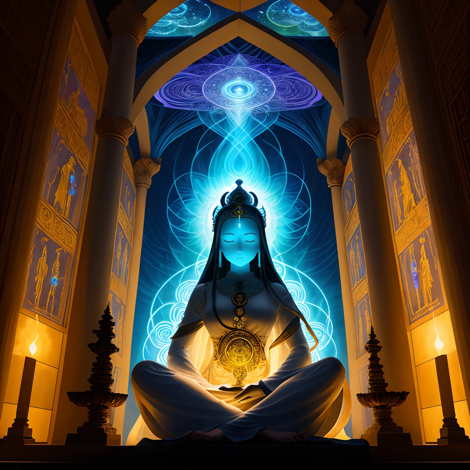 The image unfolds in a surreal and mystical dimension, where an ancient Reiki temple stands as a beacon of spiritual power chakara. The very air seems to shimmer with ethereal energy, creating an otherworldly atmosphere. The temple itself is a grand structure, intricately designed with a harmonious blend of natural elements and mystical symbols.
The architecture features ornate carvings that seem to come alive with a play of light and shadow, hinting at the deep wisdom embedded within the walls. The temple is adorned with vibrant stained glass windows that depict scenes of spiritual awakening, each panel telling a unique story.
In the foreground, a Reiki priestess is depicted in a state of focused meditation, channeling the profound energy of the universe. She is seated in a lotus position, her posture exuding grace and tranquility. Her eyes are gently closed, indicating a state of deep concentration and alignment with the energy that surrounds her.
The priestess's body is illustrated with subtle energy lines and glowing chakra points, emphasizing the flow and balance of spiritual energy within her. Each chakra is depicted in vivid colors, representing their respective energies and attributes. The colors blend seamlessly, creating a visually captivating and harmonious display of the energy centers.
The lighting in the image is captivating; it reflects the divine energy that permeates the temple. Soft, diffused light bathes the priestess, enhancing the ethereal and serene quality of the scene. The interplay of light and shadow adds depth, revealing intricate details in the temple's architecture and the priestess's meditative posture.
This image is a true masterpiece, capturing the essence of Reiki and its mystical power. The attention to detail, the use of vibrant colors, and the play of light and shadow combine to create an awe-inspiring depiction of spirituality and enlightenment.