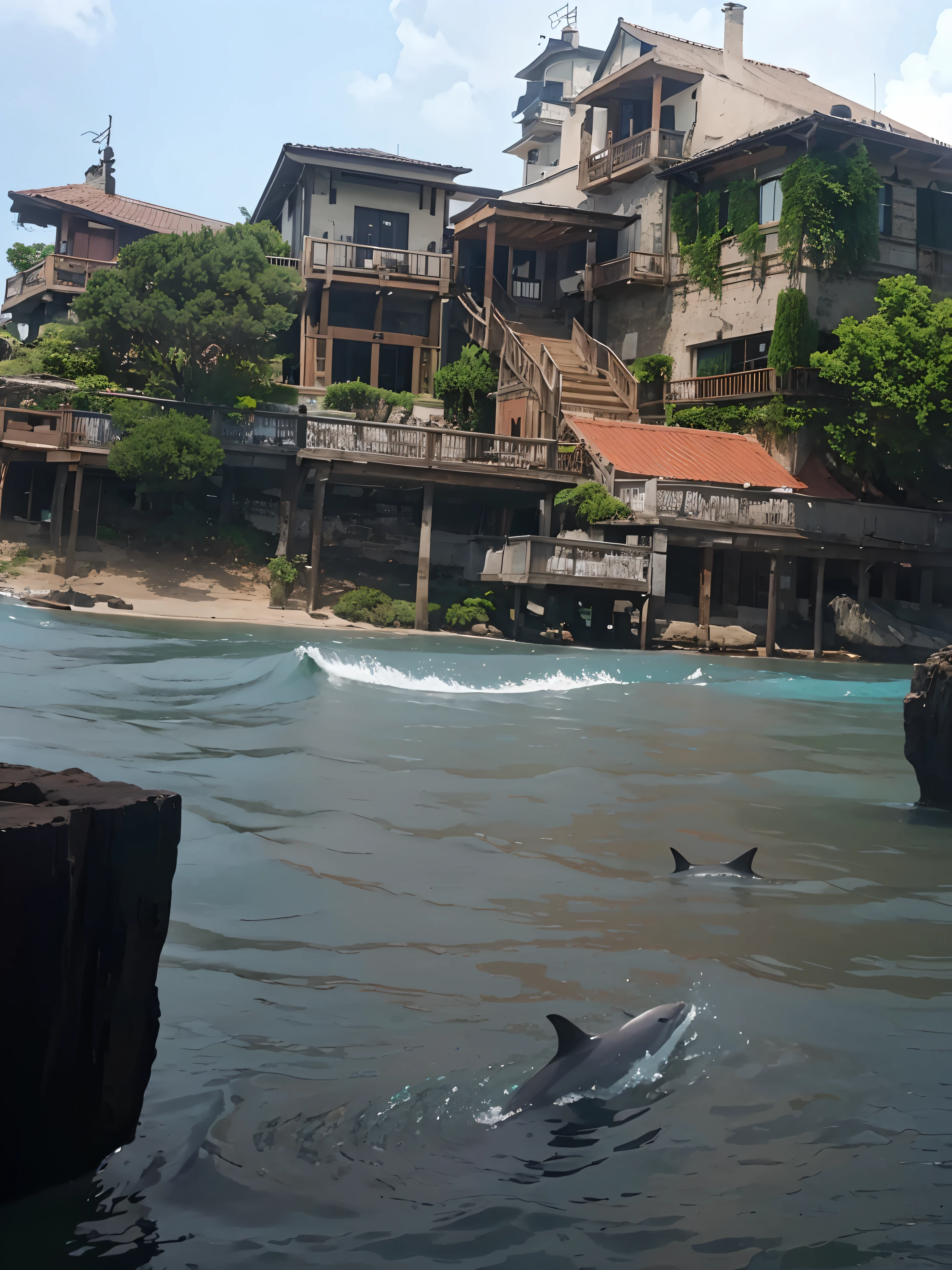 Create a lake in front, with big waves and some of dolphin swimming, beautiful oil matte painting, blue lake water