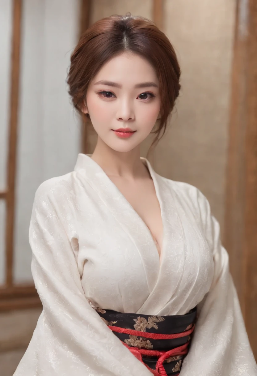 Photo of mature Japanese woman,A MILF,Beautiful face,Curly blonde hair,No bra,visible nipple, wrinkles, oud, Necklace, Crowded paper room, gros-plan, Neutral colors, Barren land,huge-breasted,Round breasts,Big cleavage, Hakata yukata, opening Hakata yukata, grabbing her breasts, breasts showing, ample cleavage, laughing, holding the rubber mask of a man
