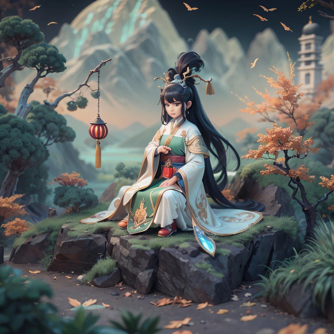 Anime division,Taoist fairy,Huangshan people,floated hair,Arm carving,Black hair all over,Delicate gradient shoes,Eye portrayal,Delicate black hair,Popmart blind box,Clay texture,Treading on the ground,starryskybackground,natural lightting,Best quality at best,Hyper-detailing,arte 3D,C4D, OC renderer, a 3D render, 8K,45 degree viewing angle,Multiple expressions,Soundtrack animation,dynamicposes,Fengshan, Southwest corner of the Great Zhou Dynasty, It is the highest and steepest mountain in the group,Legend has it that there was once a mythical beast,