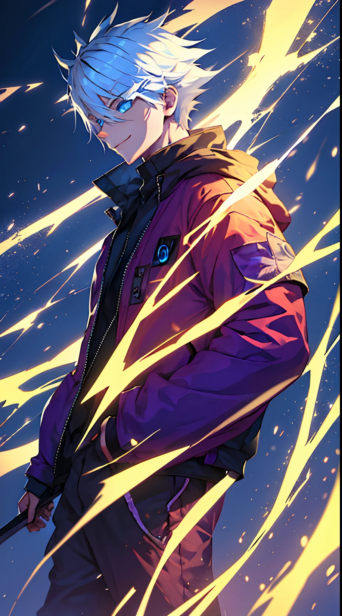 Masterpiece, 1boy, smiling, Anime boy wearing cyberpunk streetwear, white hair, blue eyes, The effect of electricity coming out of the body, dramatic background, dinamic lighting, vivid colours, style by makato shinkai.