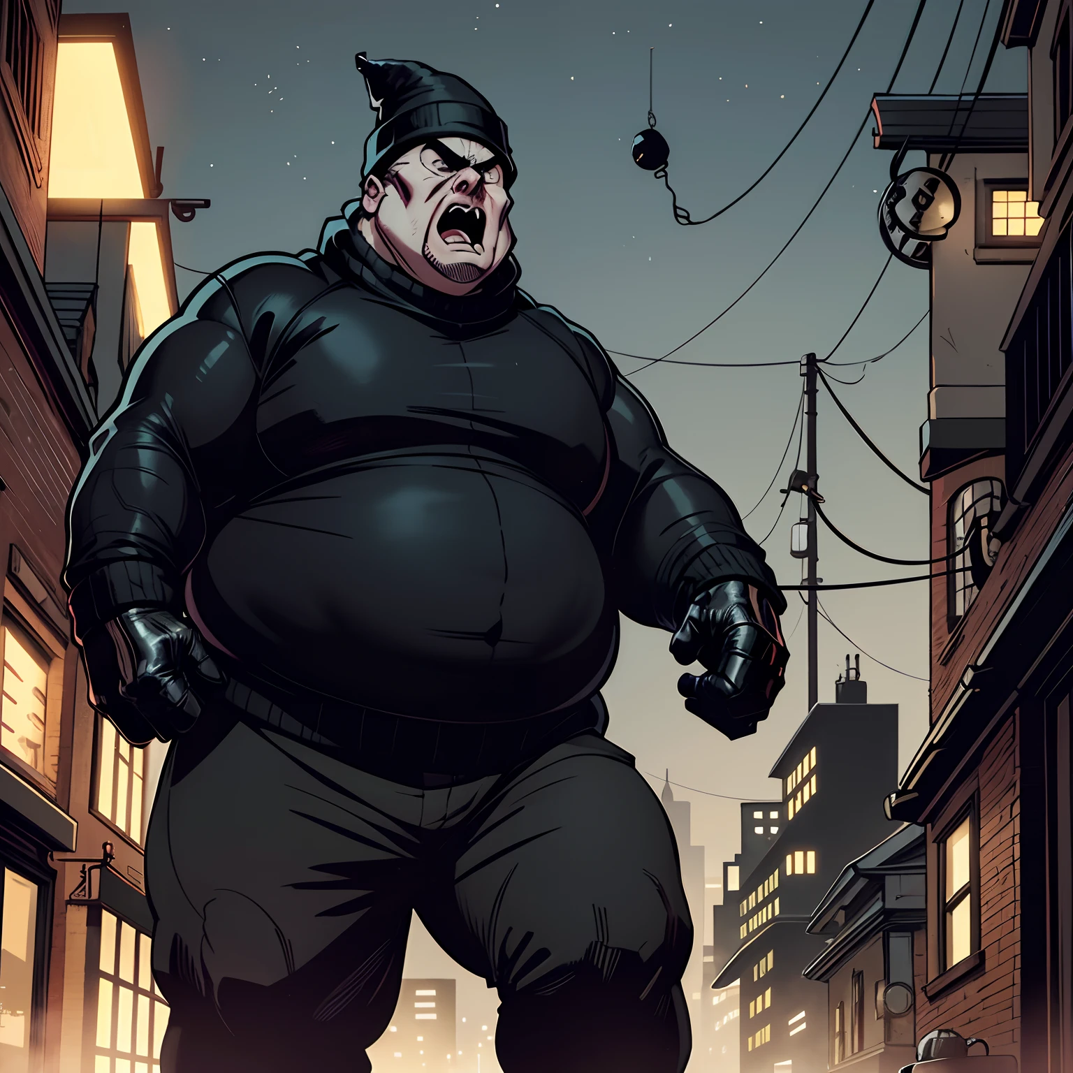 fat man, robber, wearing a black sweater, black beanie hat, bald, creepy face, scared, scream, gotham city alley background, night time