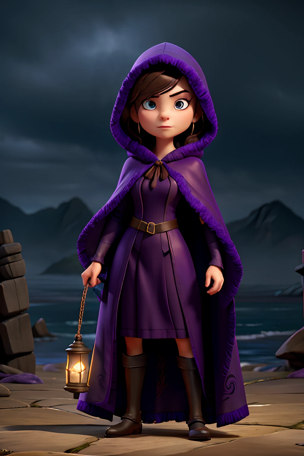 A woman who is a dark and mysterious woman, serious looking, dressed in a dark purple robe with a hood, and a spider web cape, background is dark storm clouds, mood is apprehensive, frustrating, ambiguous, inscrutable, eerie night time light, character design.