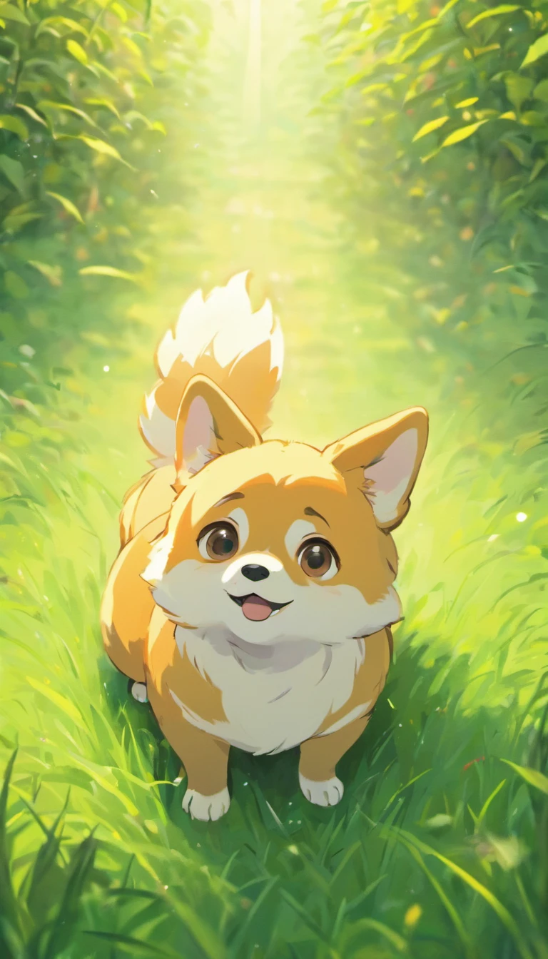 Chinese Corgi illustration film lighting effects,Corgi sitting on grass,His eyes were fixed on the screen,Optimize eye detail,Corgi sitting on grass,His eyes were fixed on the screen,Optimize eye detail,top-quality,high detal,top-quality,8K, 3d rendered,VR5.0 Renderer Rendering,Unreal Engine 5 Renderer