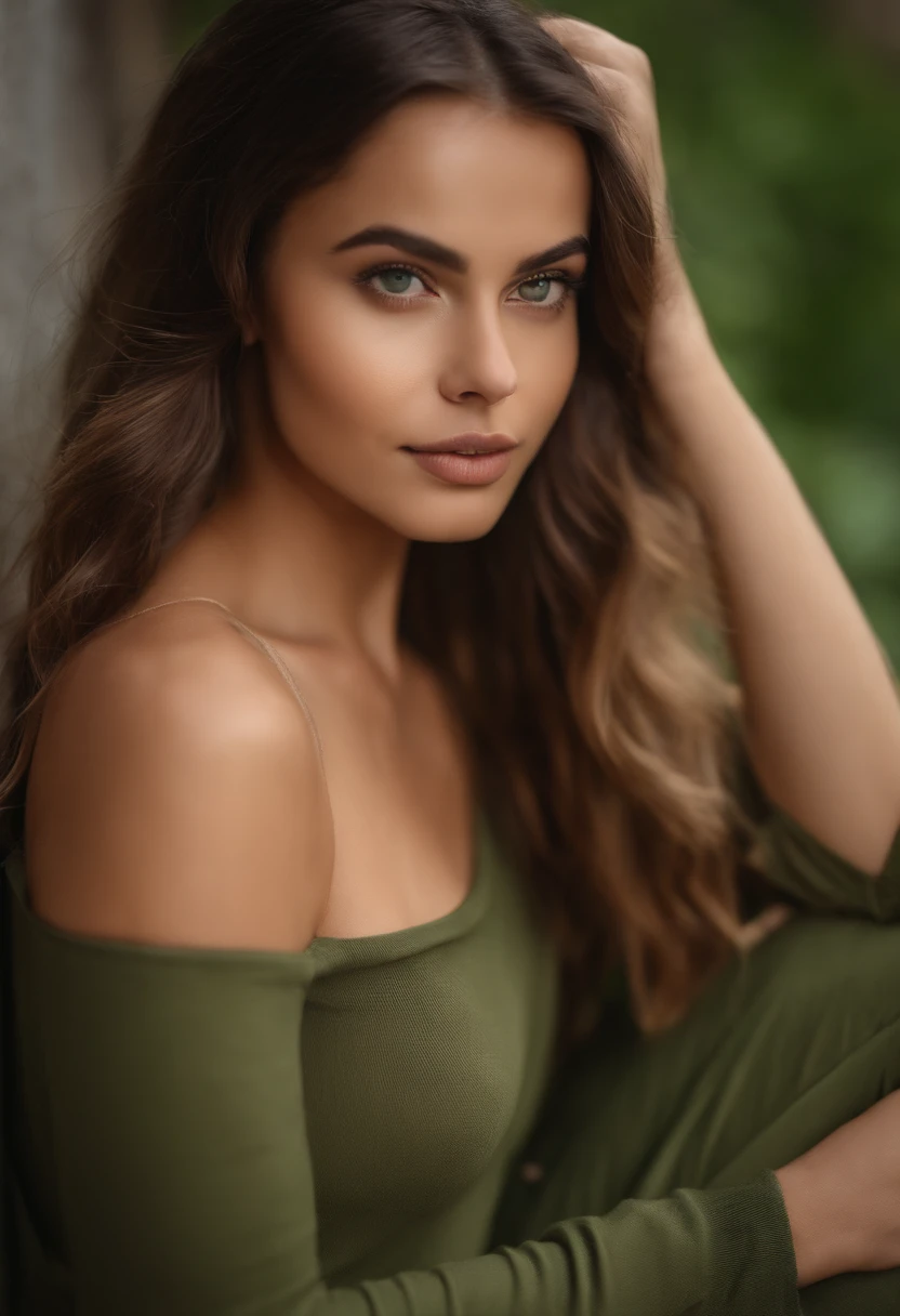 sexy girl with green eyes, portrait sophie mudd, brown hair and large eyes, selfie of a young woman, bedroom eyes, violet myers, without makeup, natural makeup, looking directly at the camera, face with artgram, subtle makeup, stunning full body shot, piercing green eyes, girl in bikini on the beach